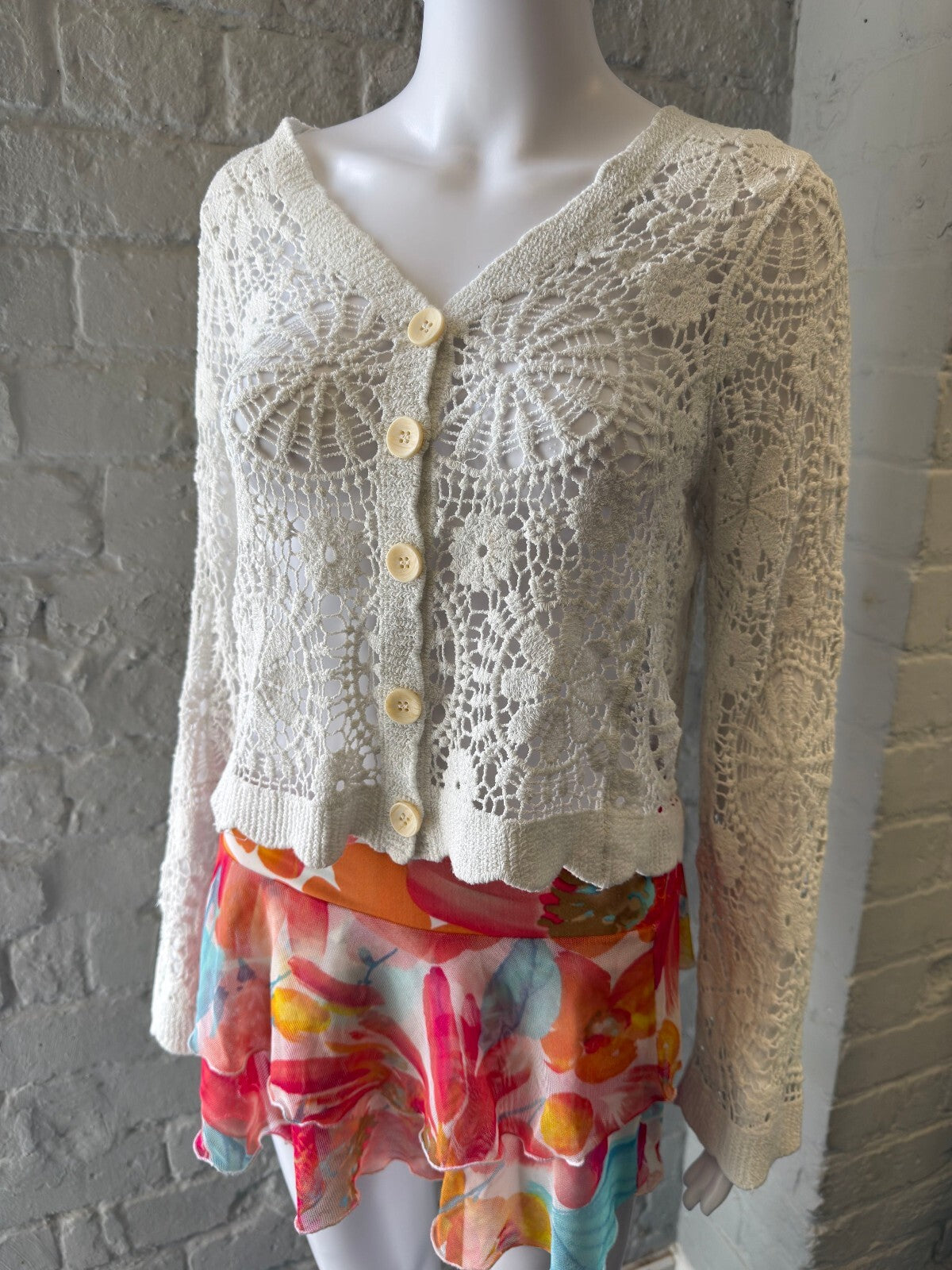 Amo & Roma Cream Crochet Knit Button-Up Cardigan