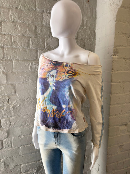 Off-Shoulder Long Sleeve Top with Artistic Print