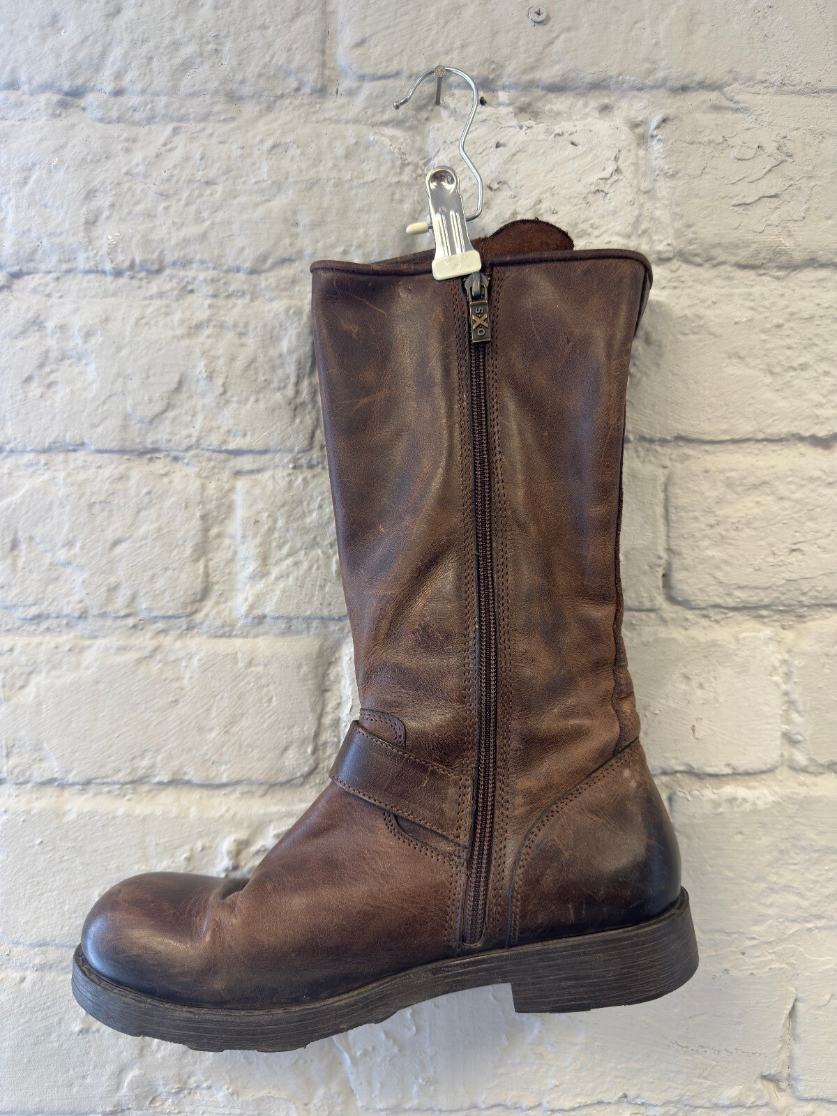 Brown Leather Mid-Calf Buckle Boots