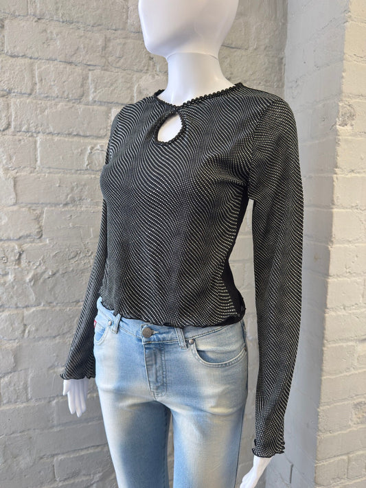 Y2K Black and White Mesh Long Sleeve Top with Keyhole Detail