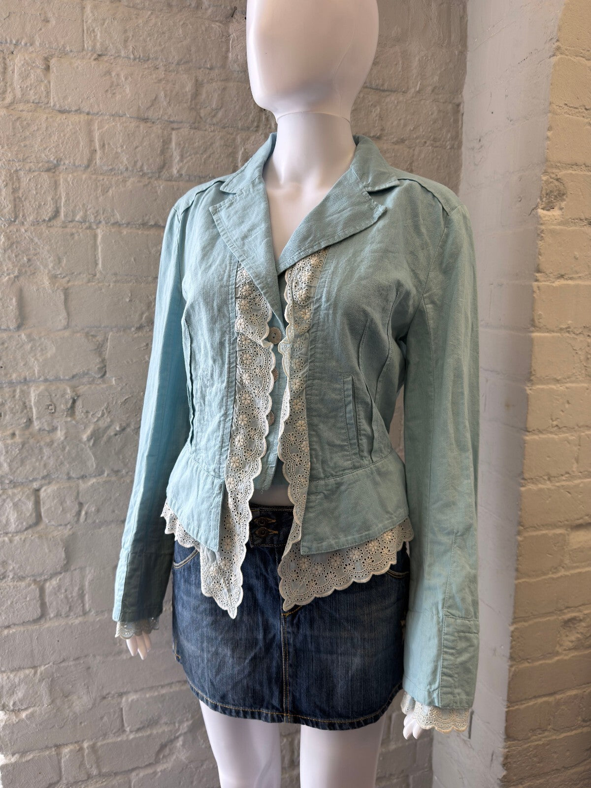 Light Blue Linen Blend Jacket with Lace Trim