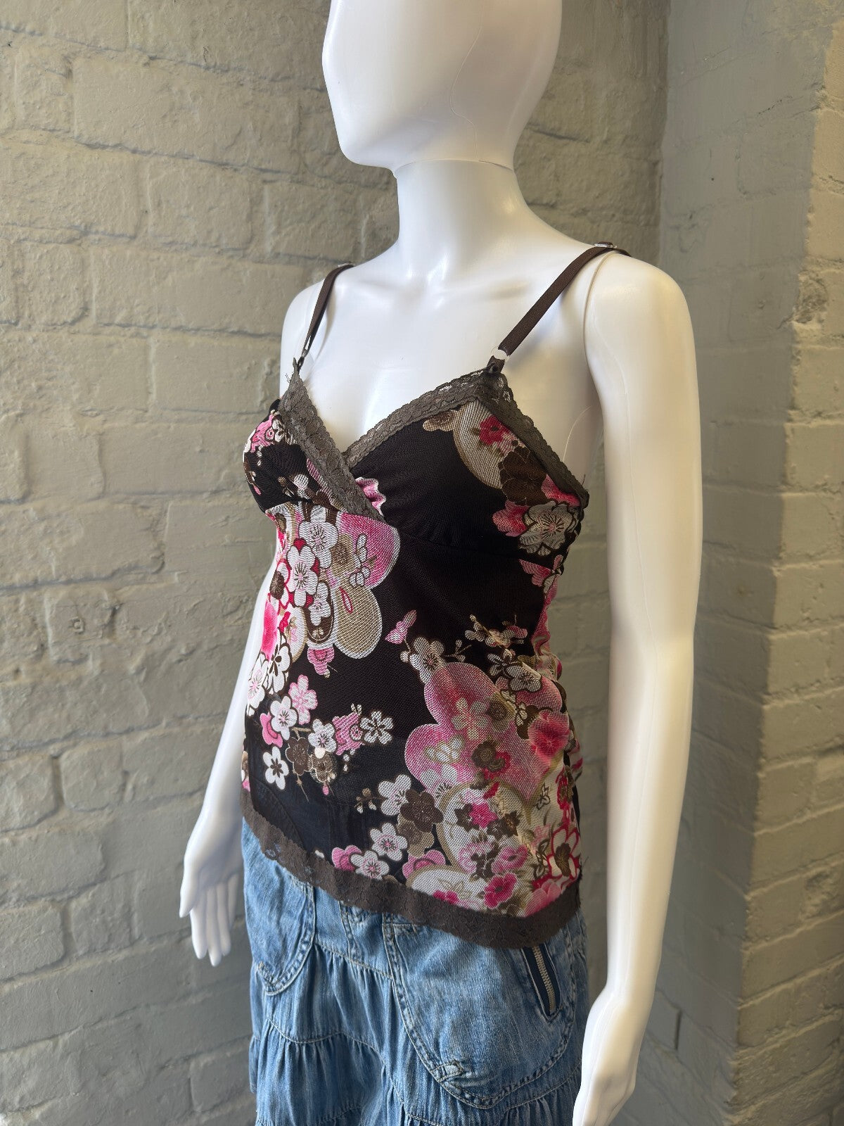 Floral Print Camisole Top with Lace Trim