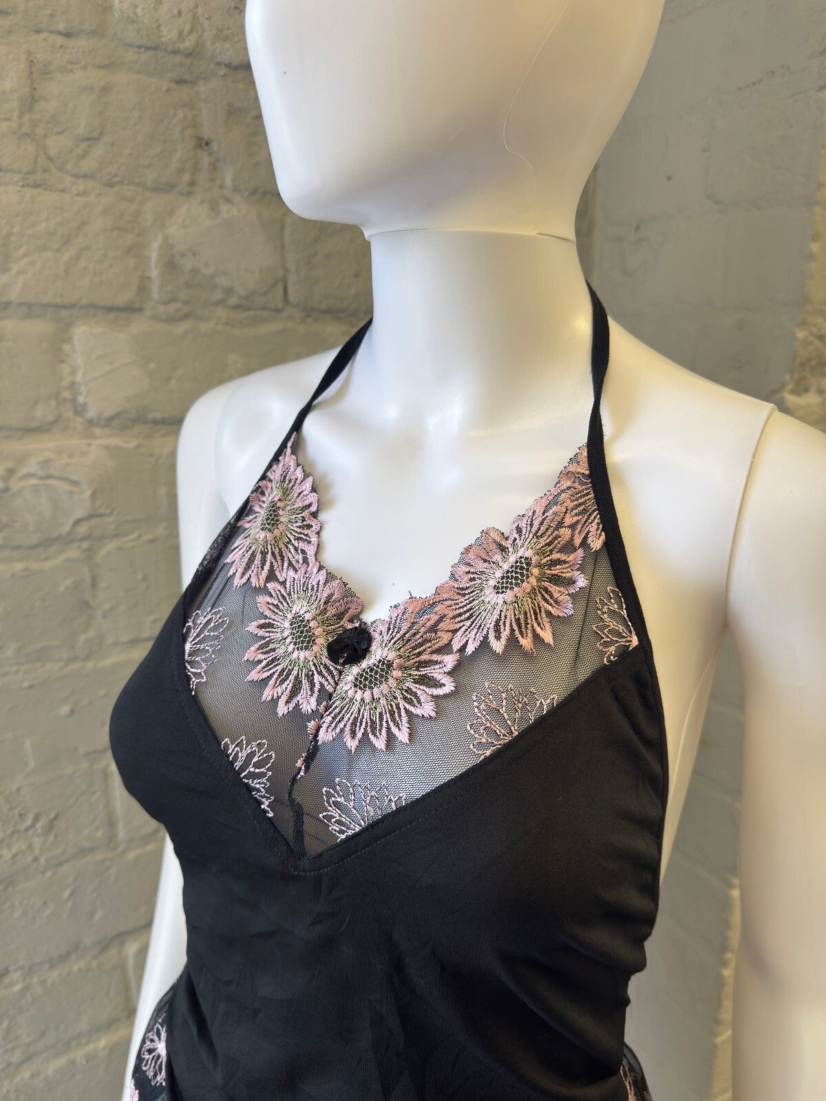 Black Halter Top with Pink Floral Lace Detail and Open Back