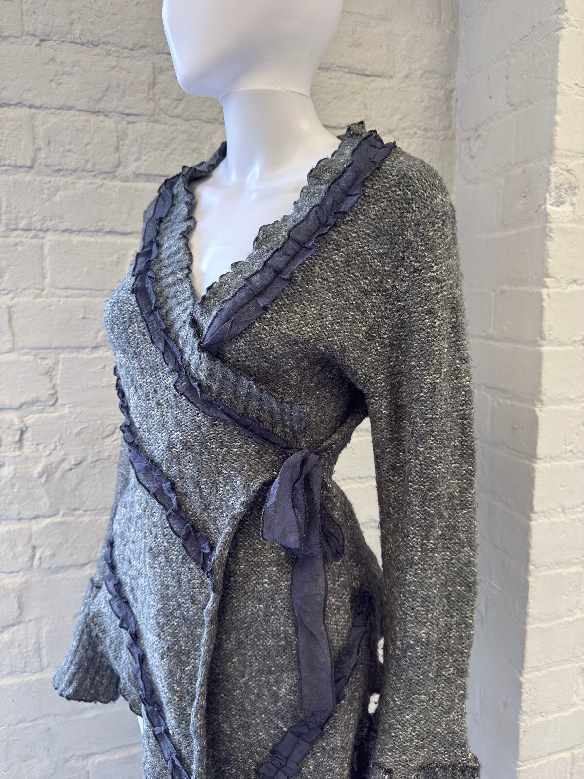 Vintage Grey Knit Wrap Cardigan with Ruffle Trim