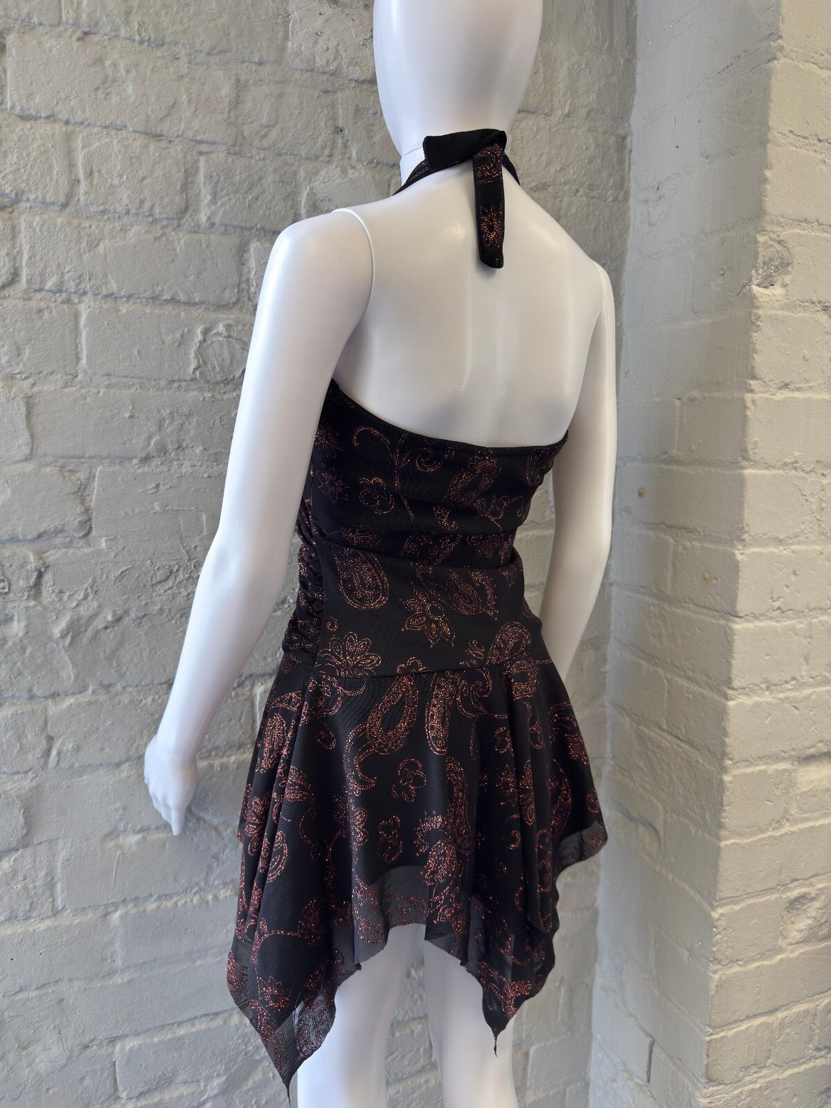 Black and Brown Paisley Halter Dress with Handkerchief Hem