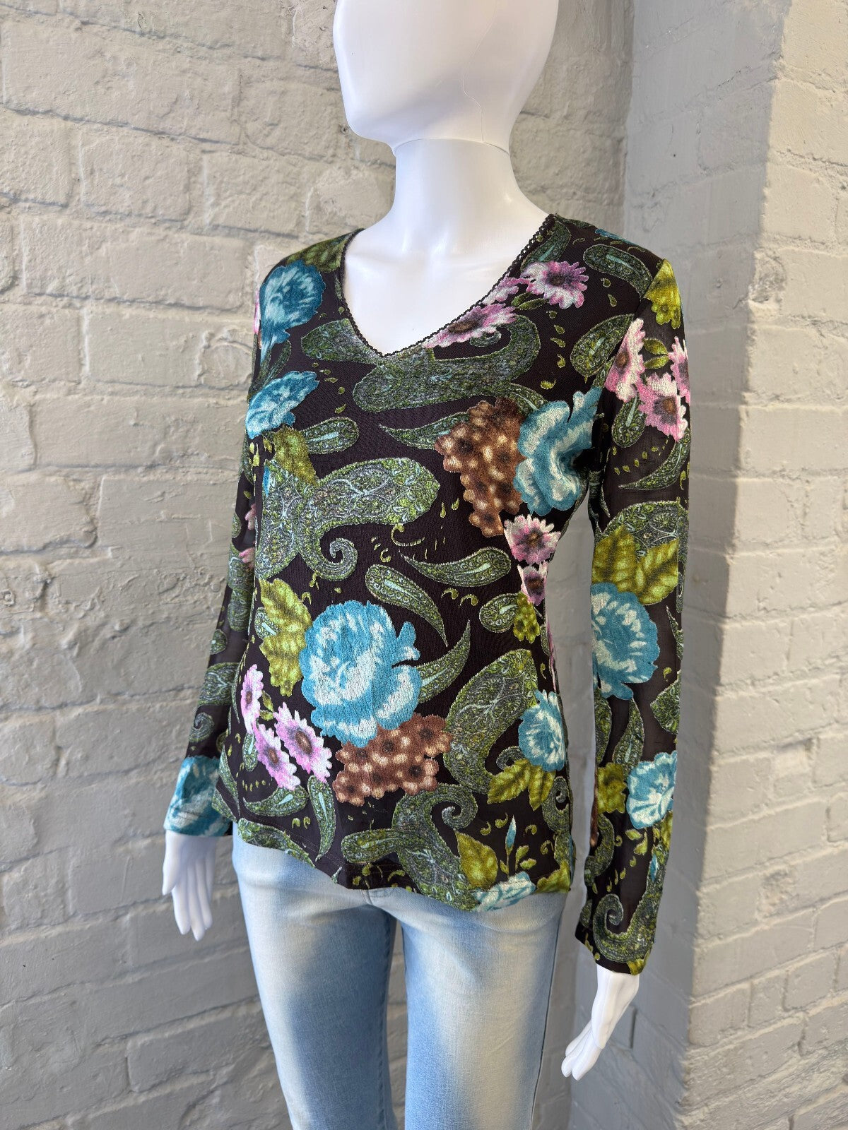 Y2K Floral Print Velvet Mesh Long Sleeve Top