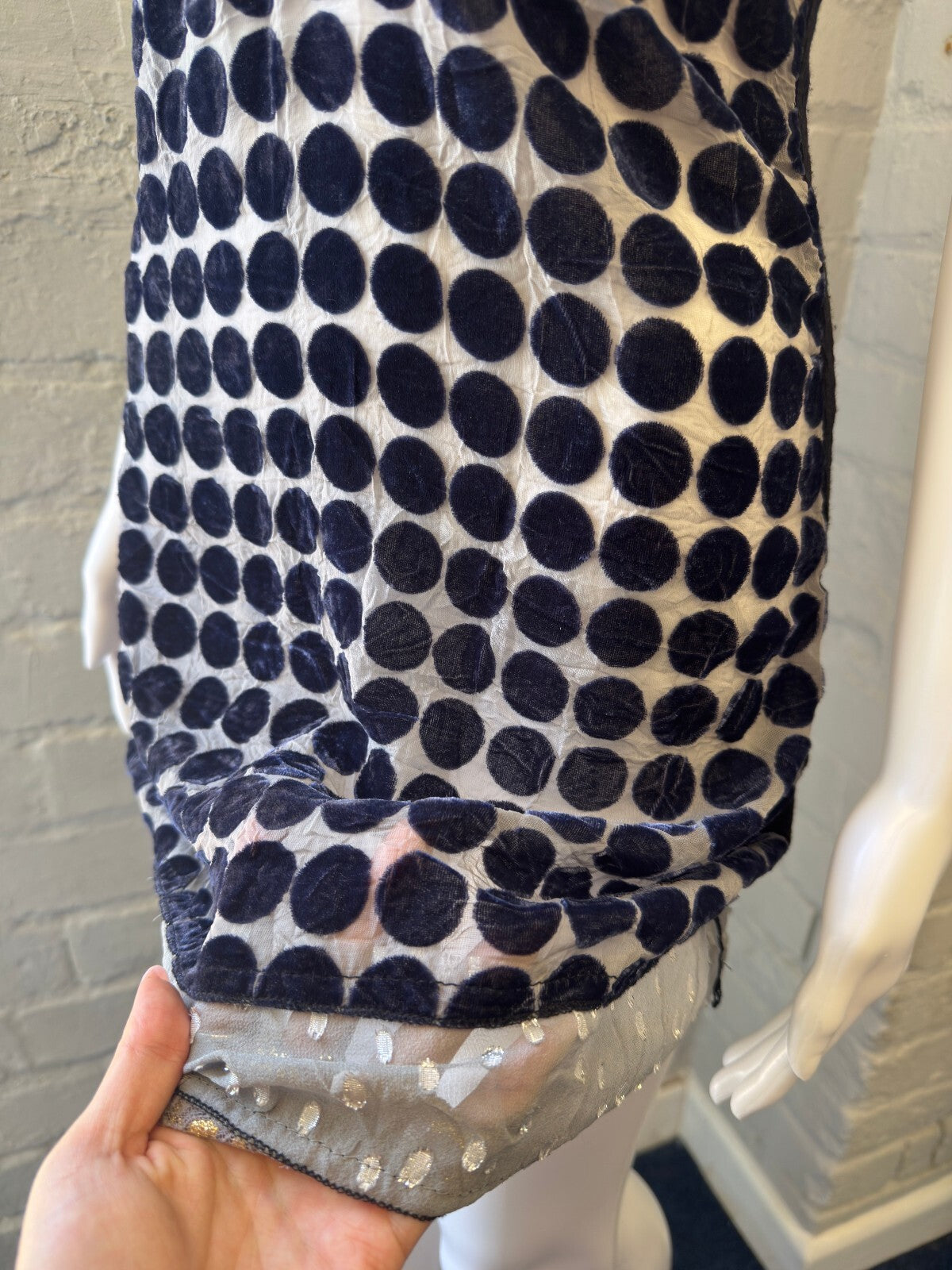 Blue and Silver Polka Dot Slip Dress with Chain Detail