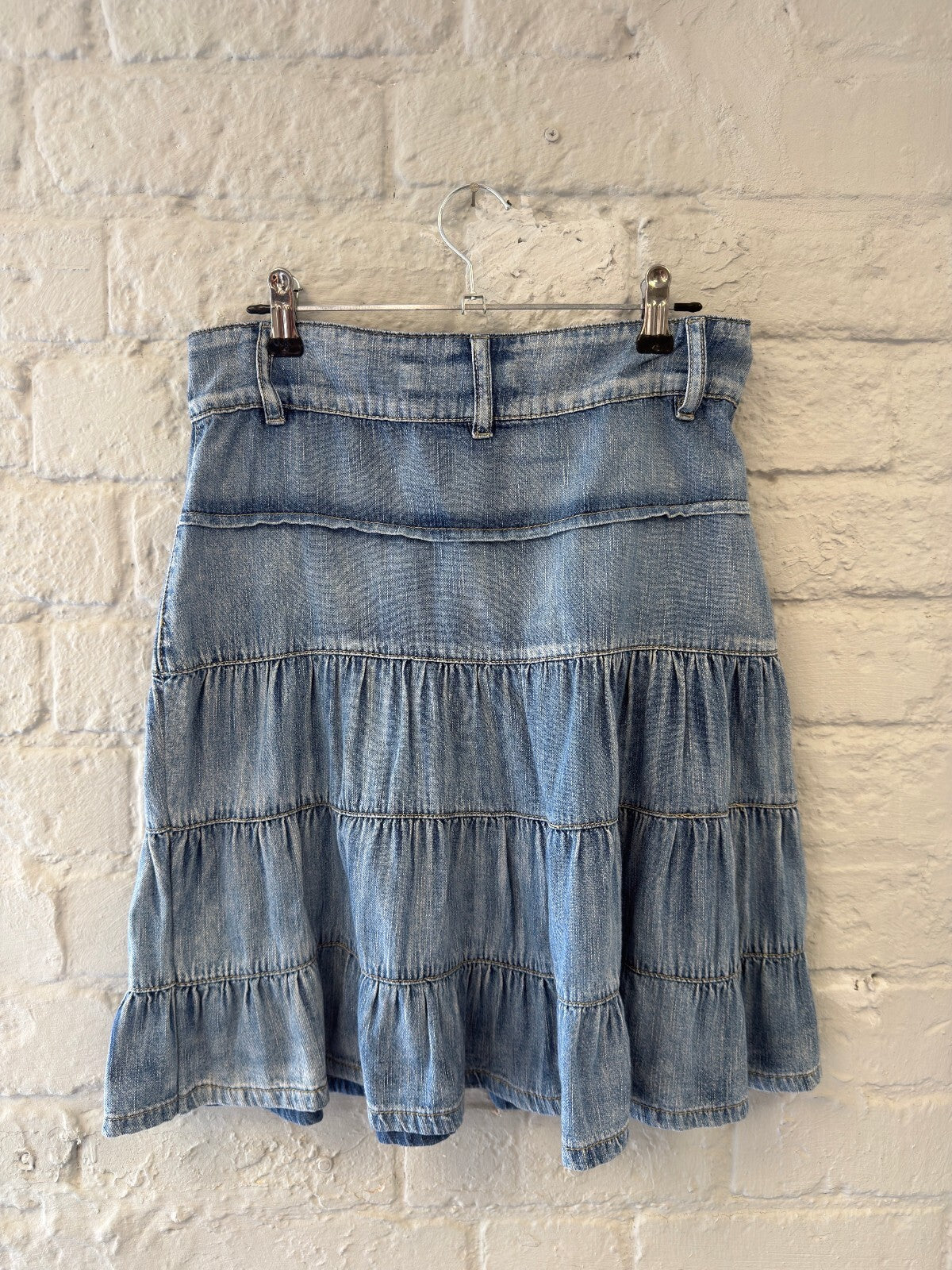 Light Blue Denim Tiered Skirt with Zippered Pocket Details