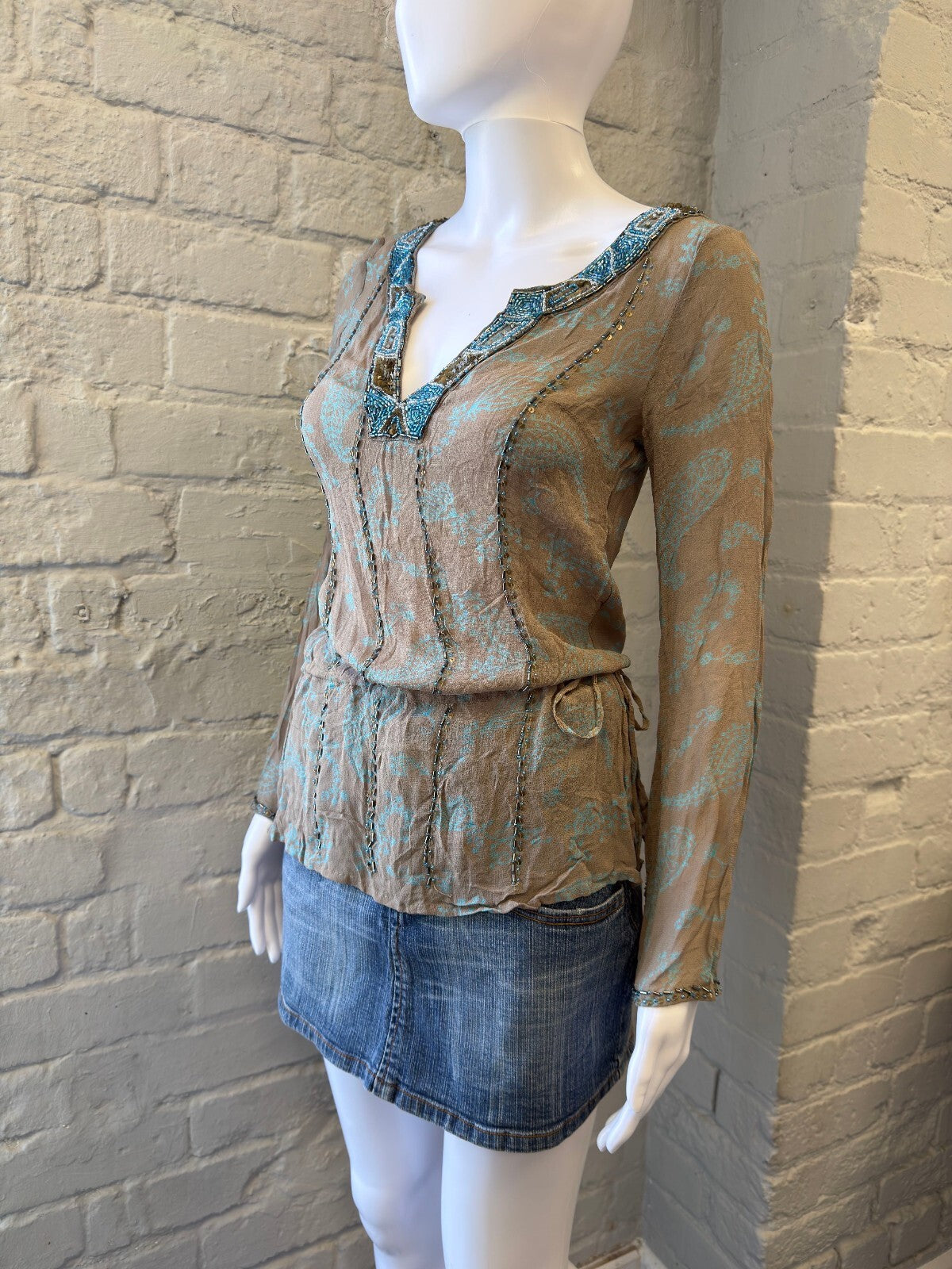 Beaded Mesh Trim Paisley Print Long Sleeve