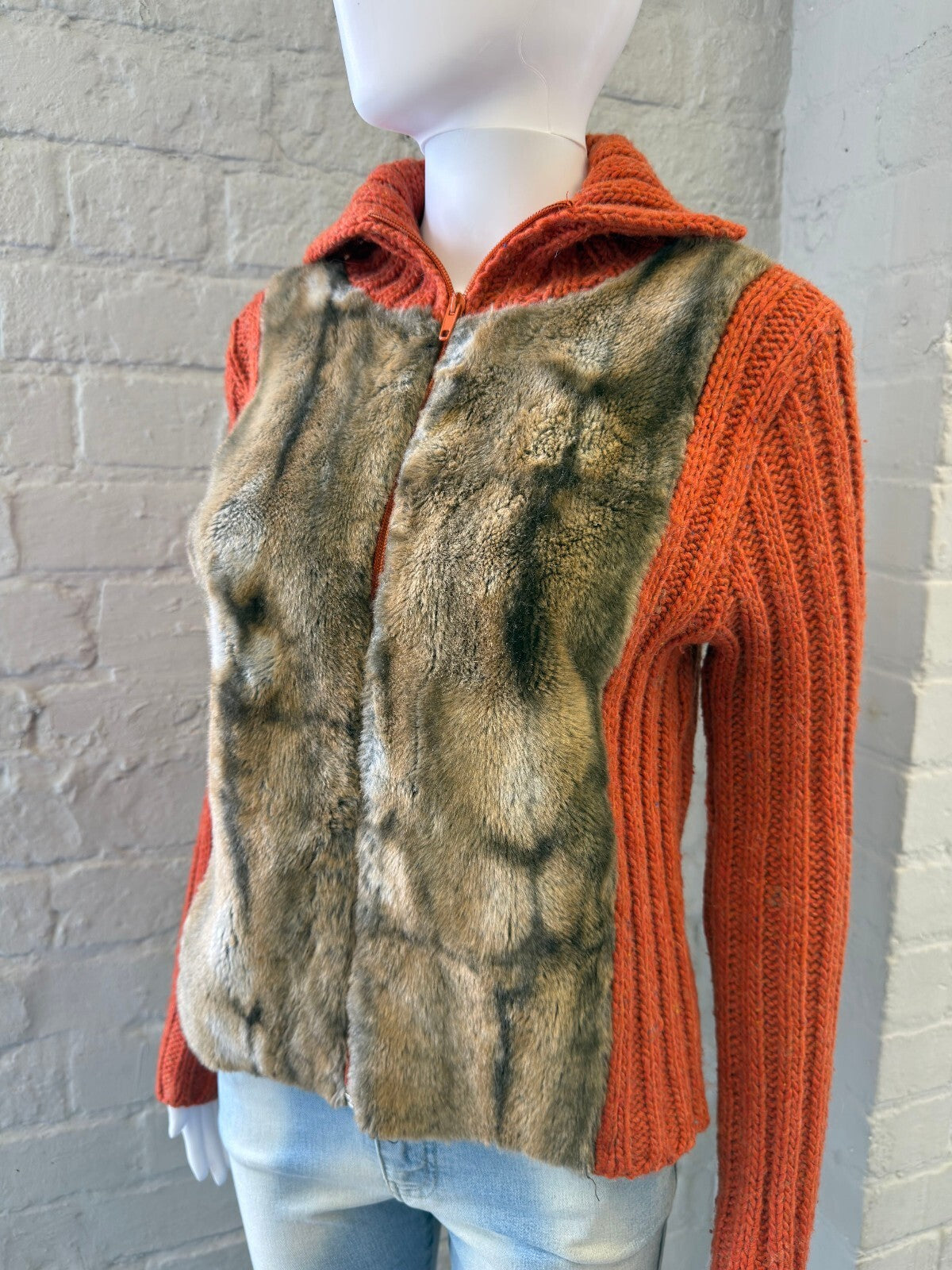 Vintage Orange Knit Zip-Up Cardigan with Faux Fur Front