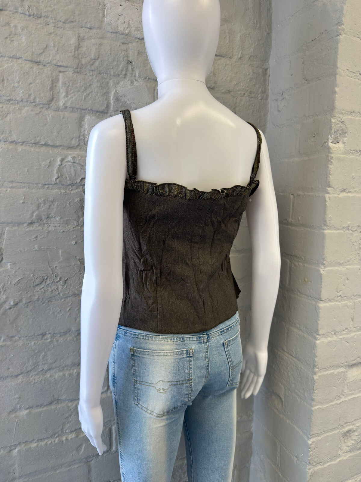 Grey Suit Ruffle Trim Button-Up Cami Top