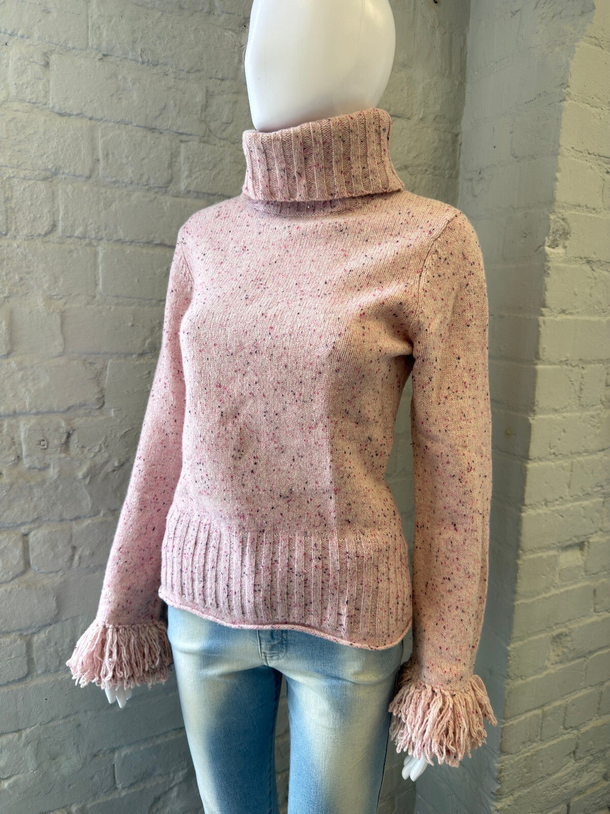 Pink Speckled Turtleneck Sweater with Fringe Cuffs