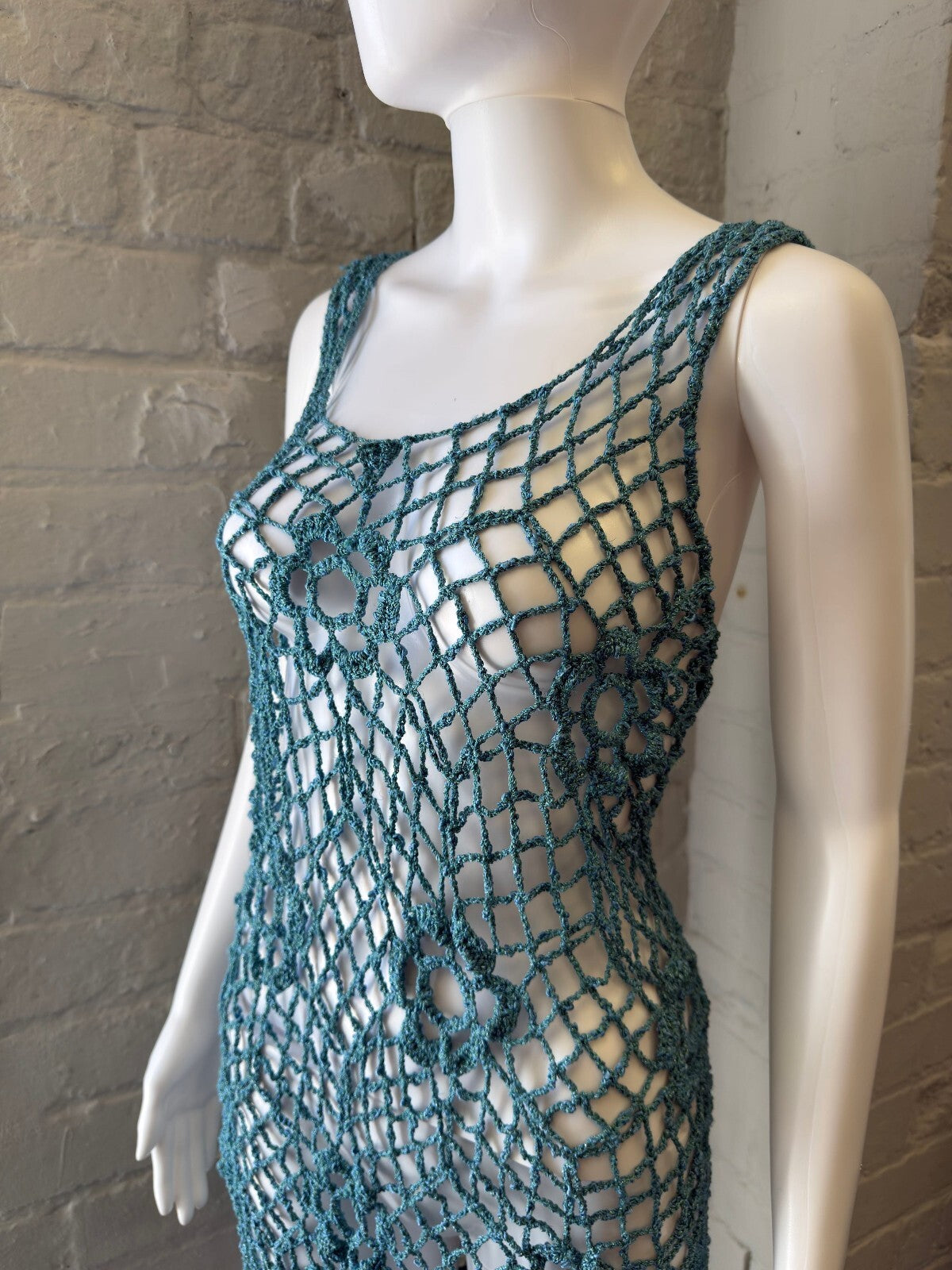 Crocheted Blue Floral Mesh Dress