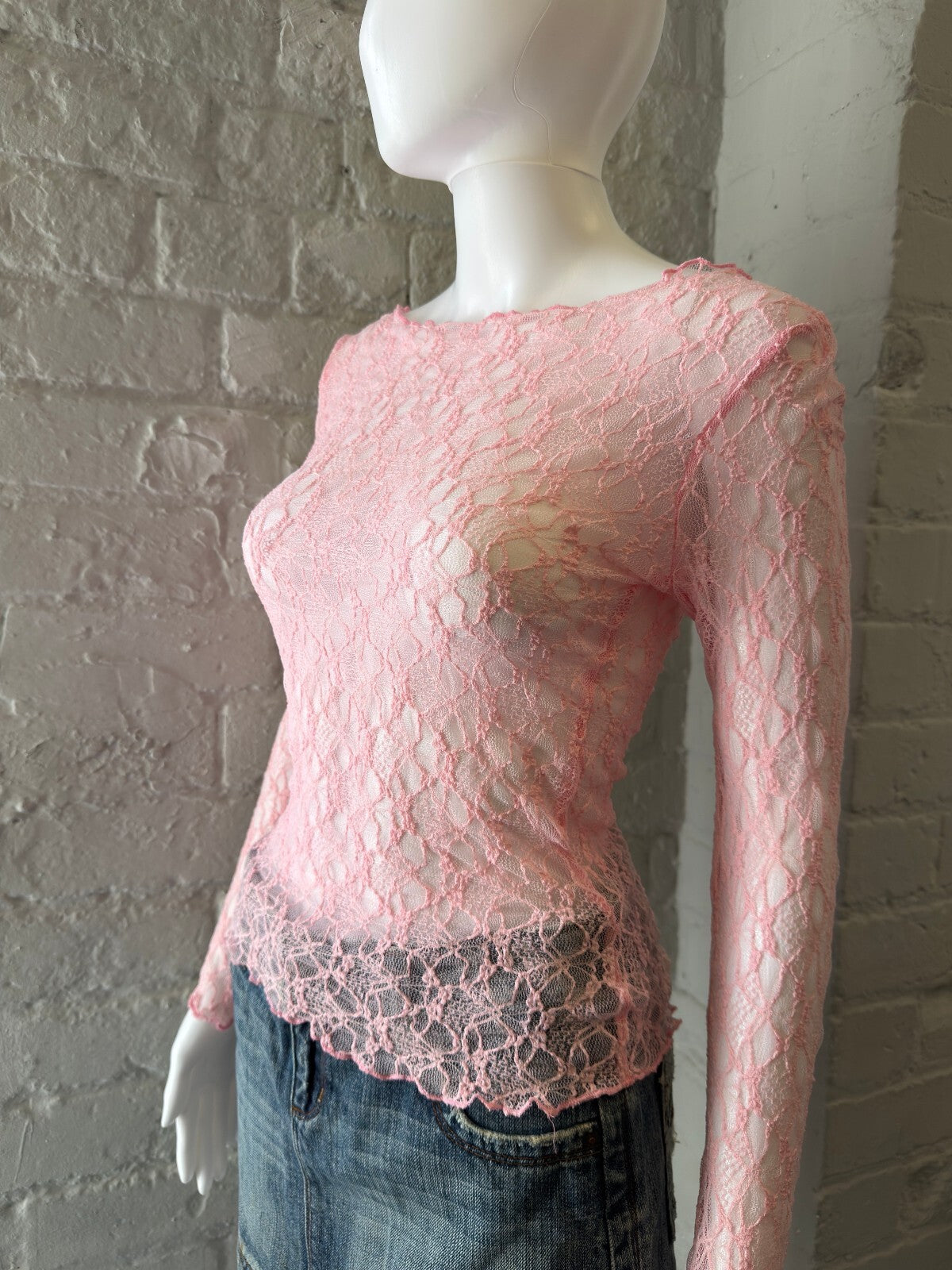 Pink Lace Long Sleeve Sheer Top