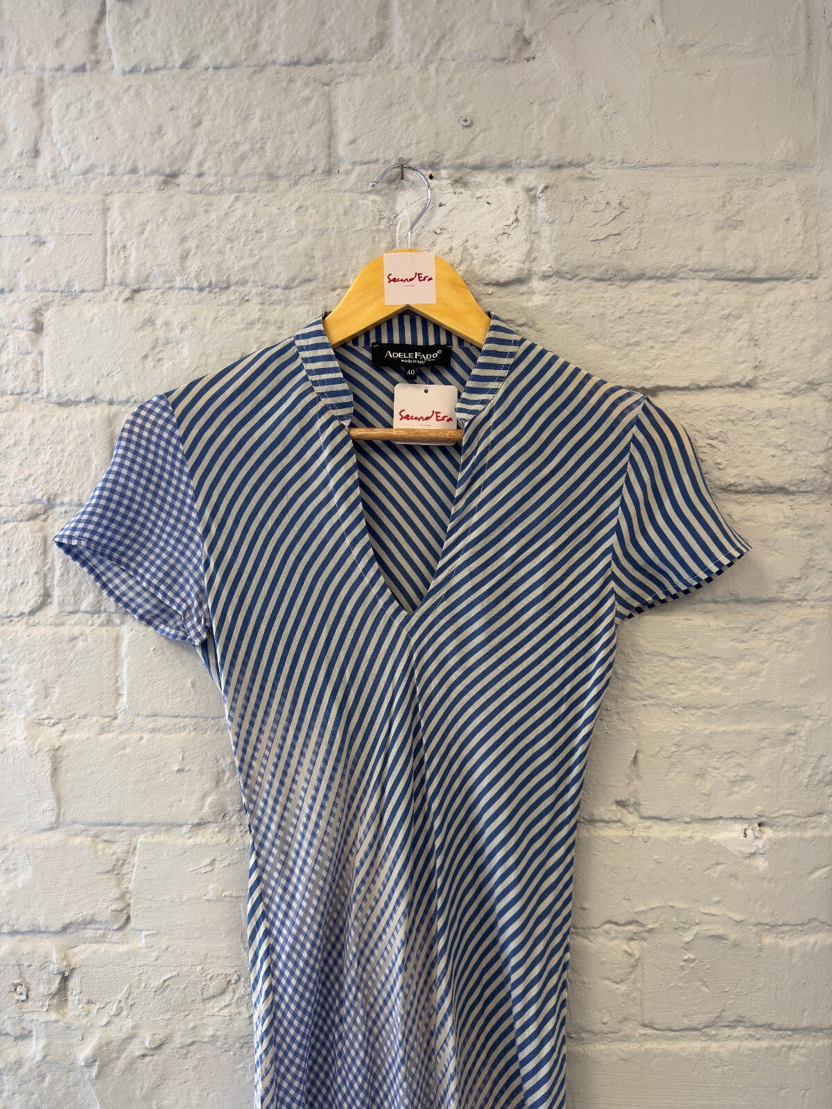 Silk Blue and White Striped V-Neck Midi Dress