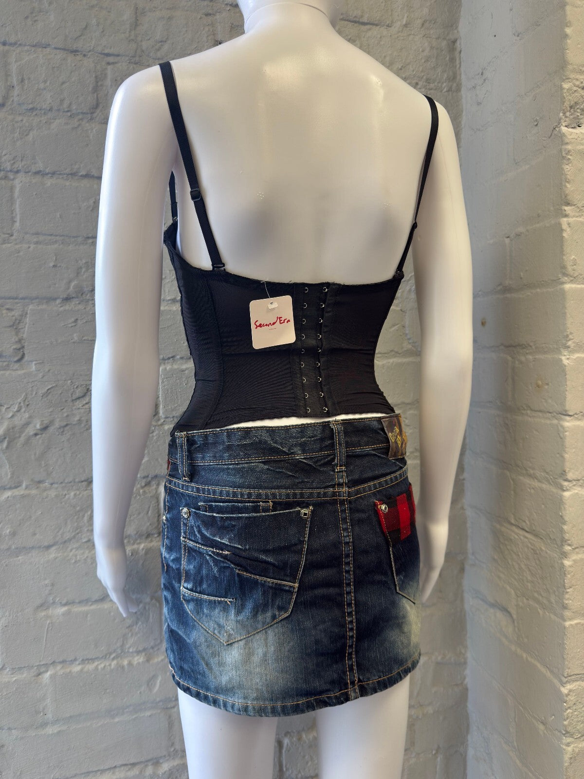 Punk Denim Mini Skirt with Red Plaid Pocket Detail