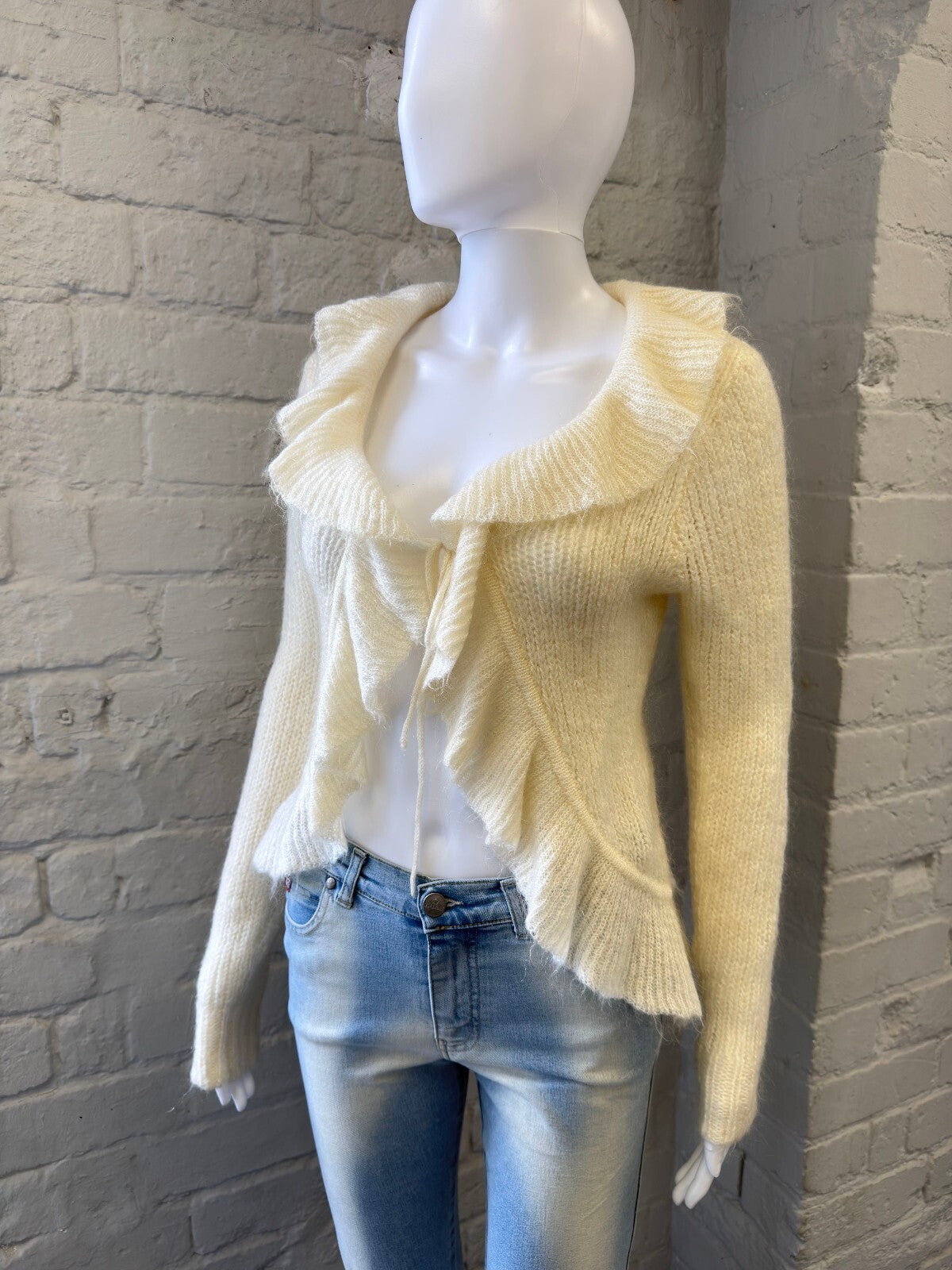 Mohair Blend Cream Ruffle Knit Cardigan