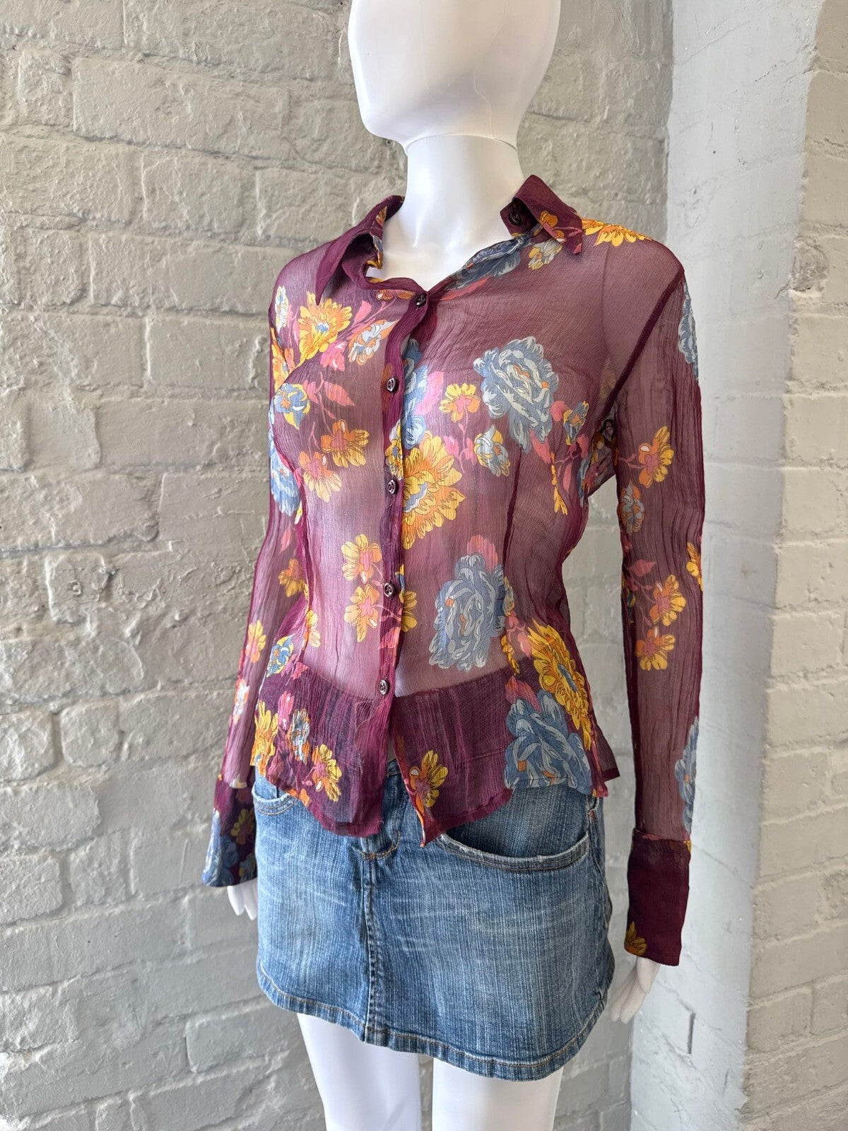 Sheer Floral Button-Up Shirt in Burgundy