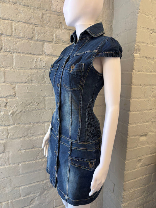 Denim Button-Up Mini Dress with Puffed Sleeves