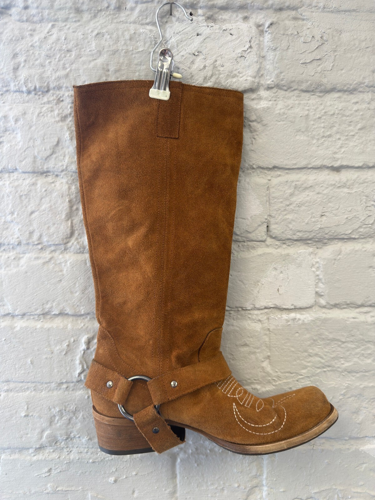 Brown Suede Western Harness Boots with Embroidered Detailing
