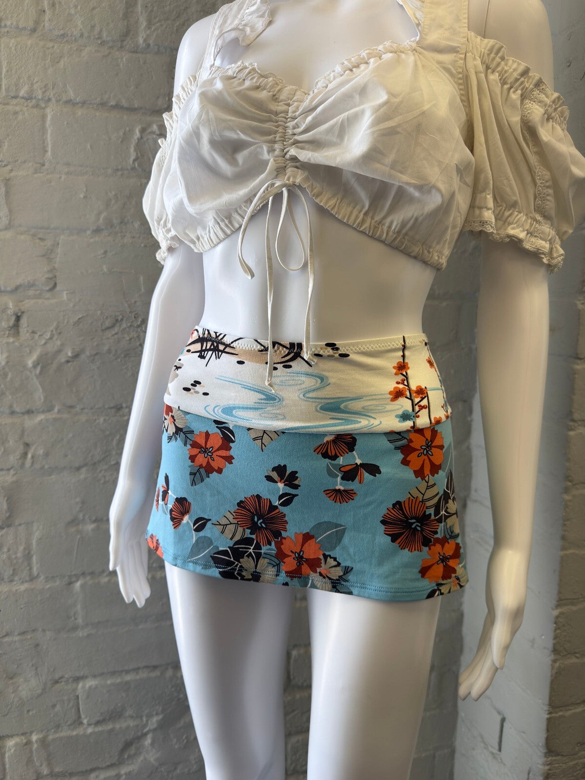 Floral Print Mini Skirt with Blue and Orange Flowers