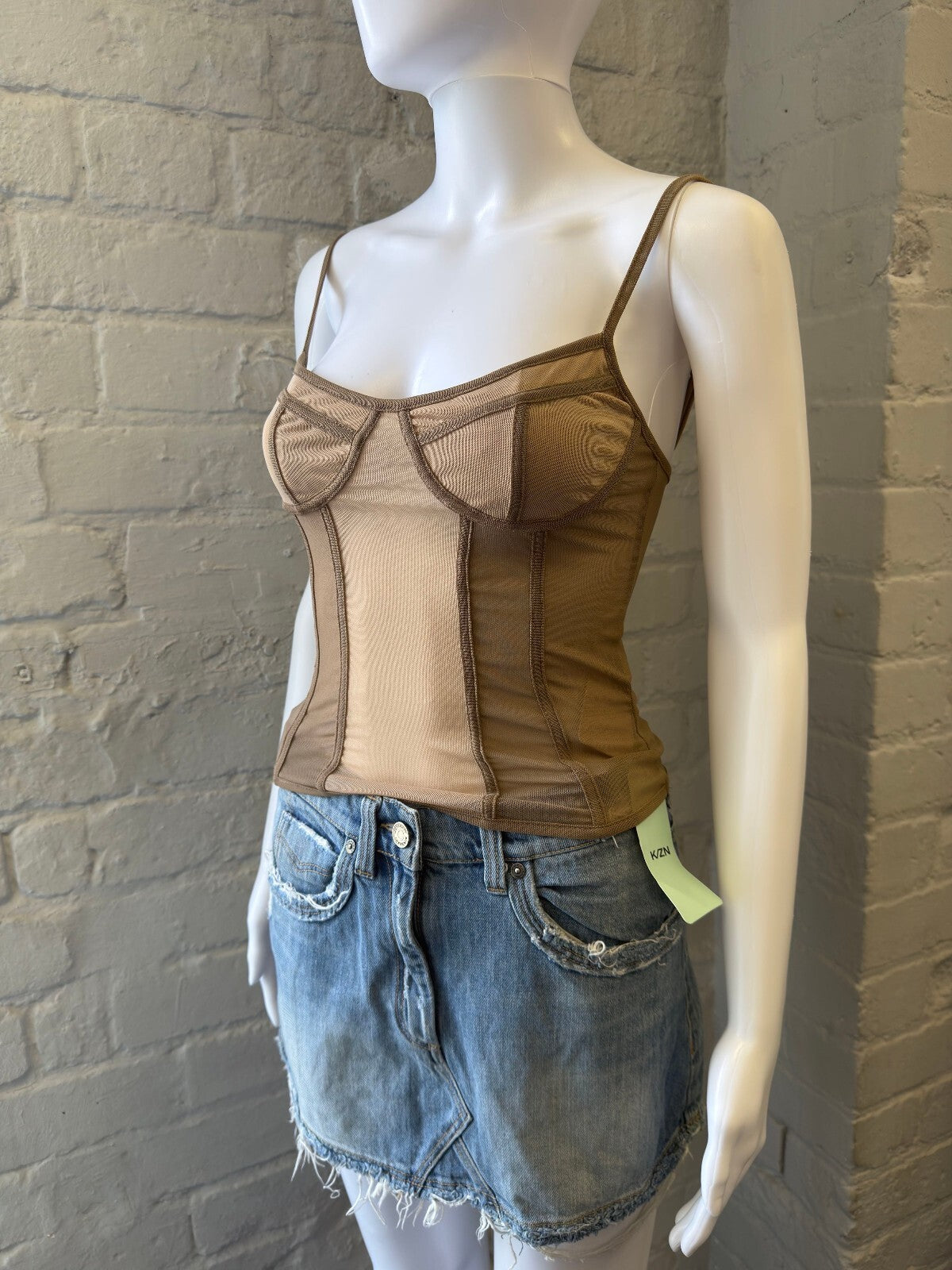 K/YN Brown Sheer Mesh Corset Top with Adjustable Straps