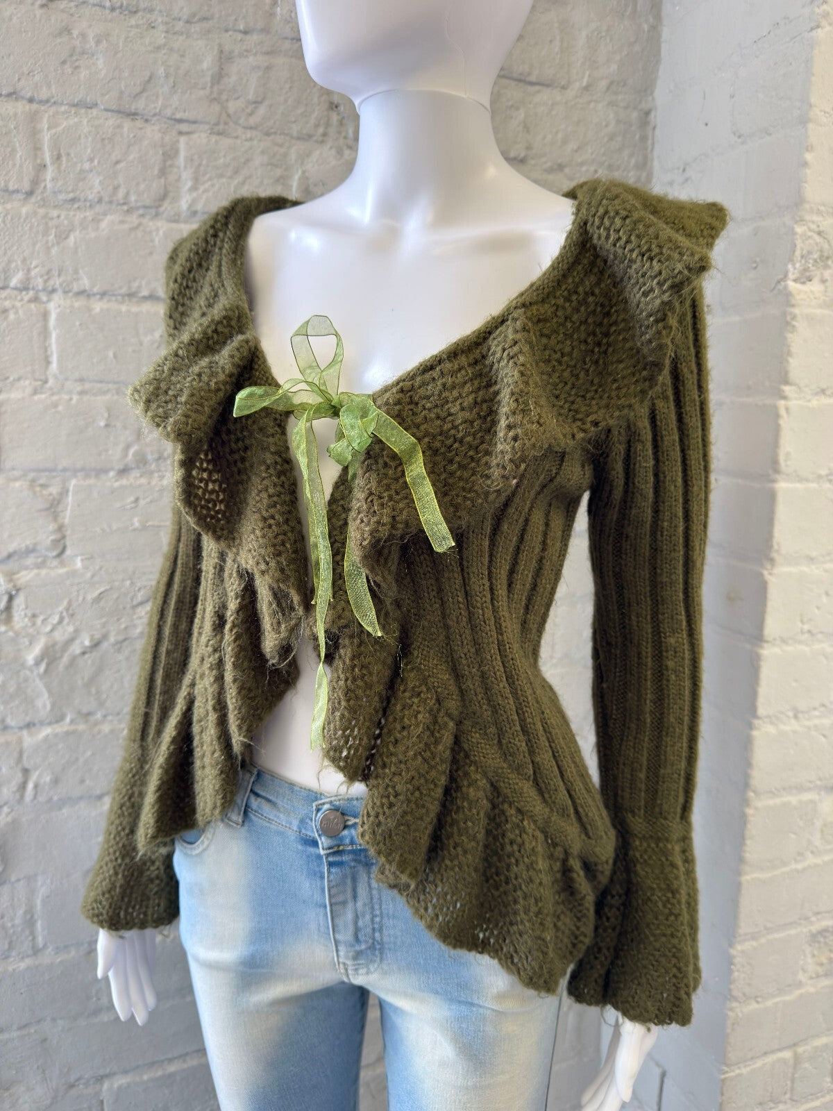 Olive Green Knit Cardigan with Ruffle Detail and Ribbon Tie