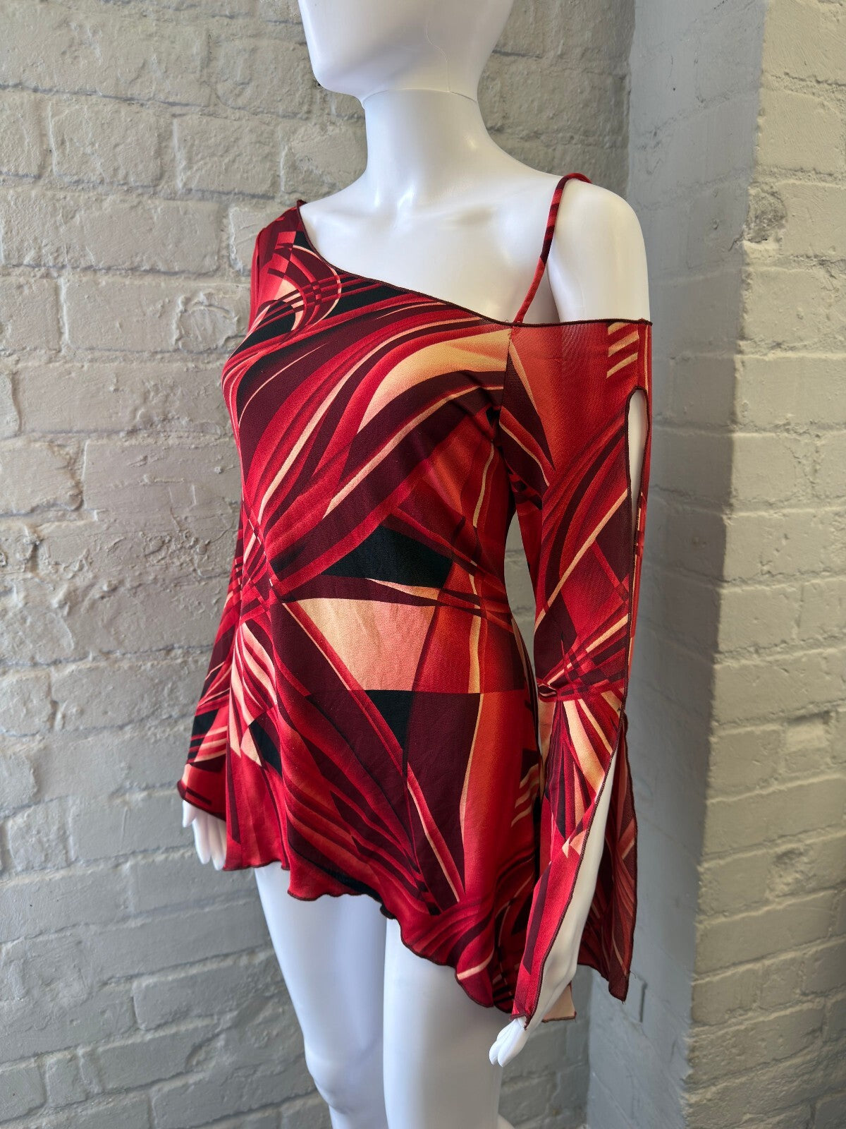 Red Abstract Print Asymmetric Cold Shoulder Mini Dress