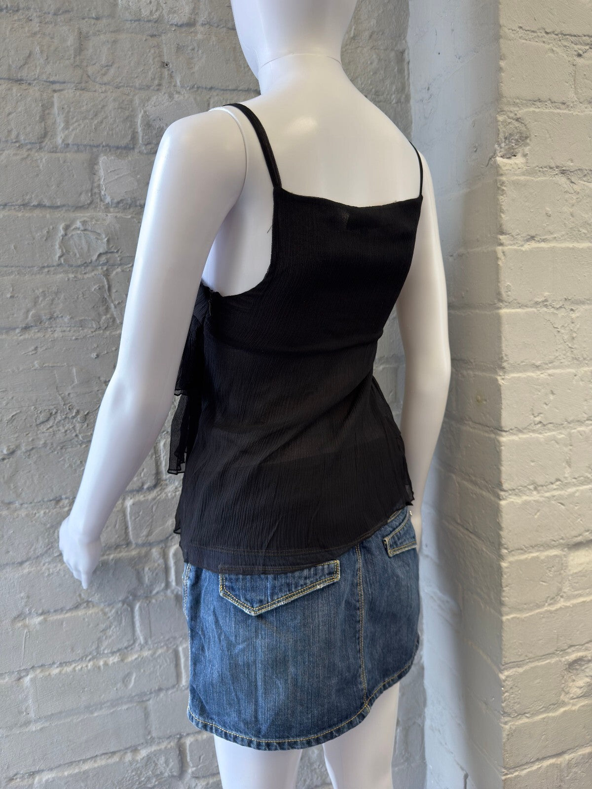 Black Tiered Ruffle Silk Top with Embroidered Floral Detail