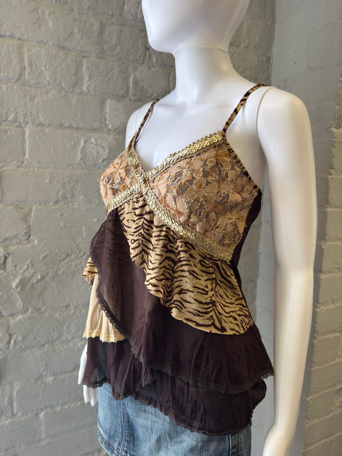 2000s Brown Layered Lace and Animal Print Cami