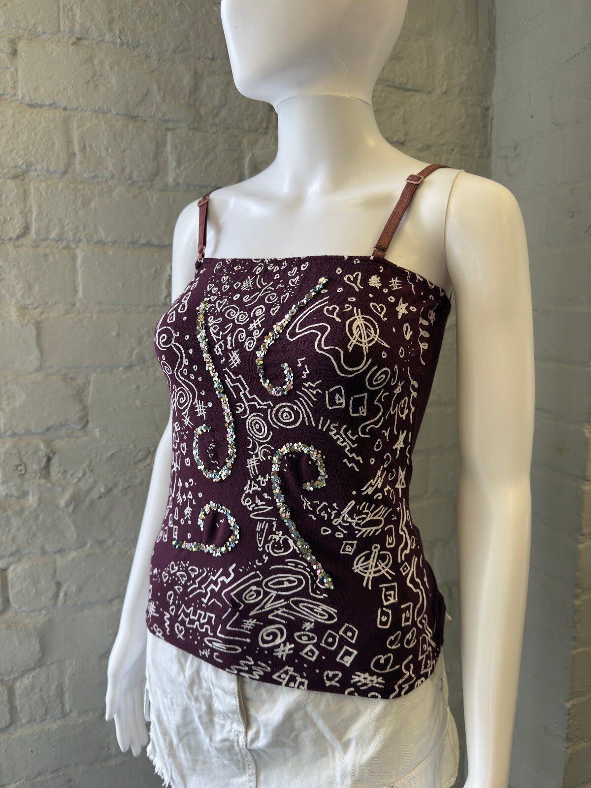 Purple Sequin and Printed Spaghetti Strap Top