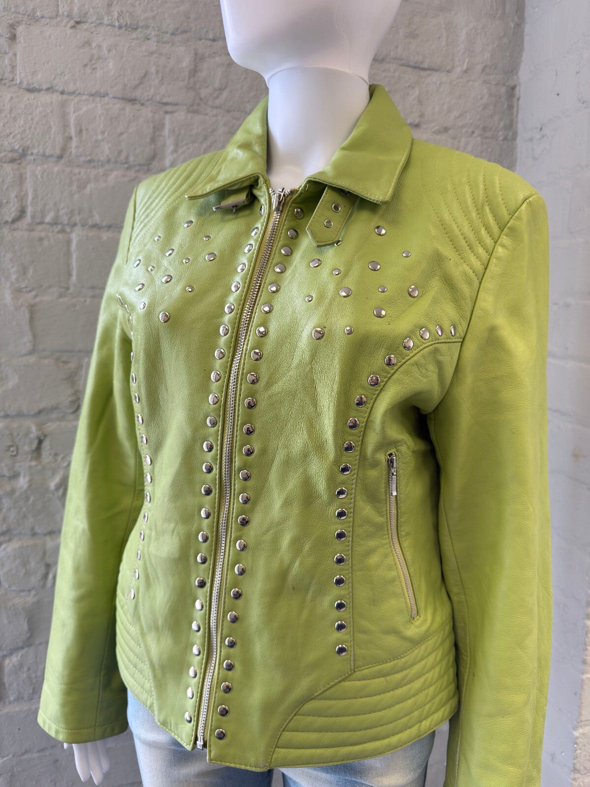 Lime Green Leather Studded Jacket