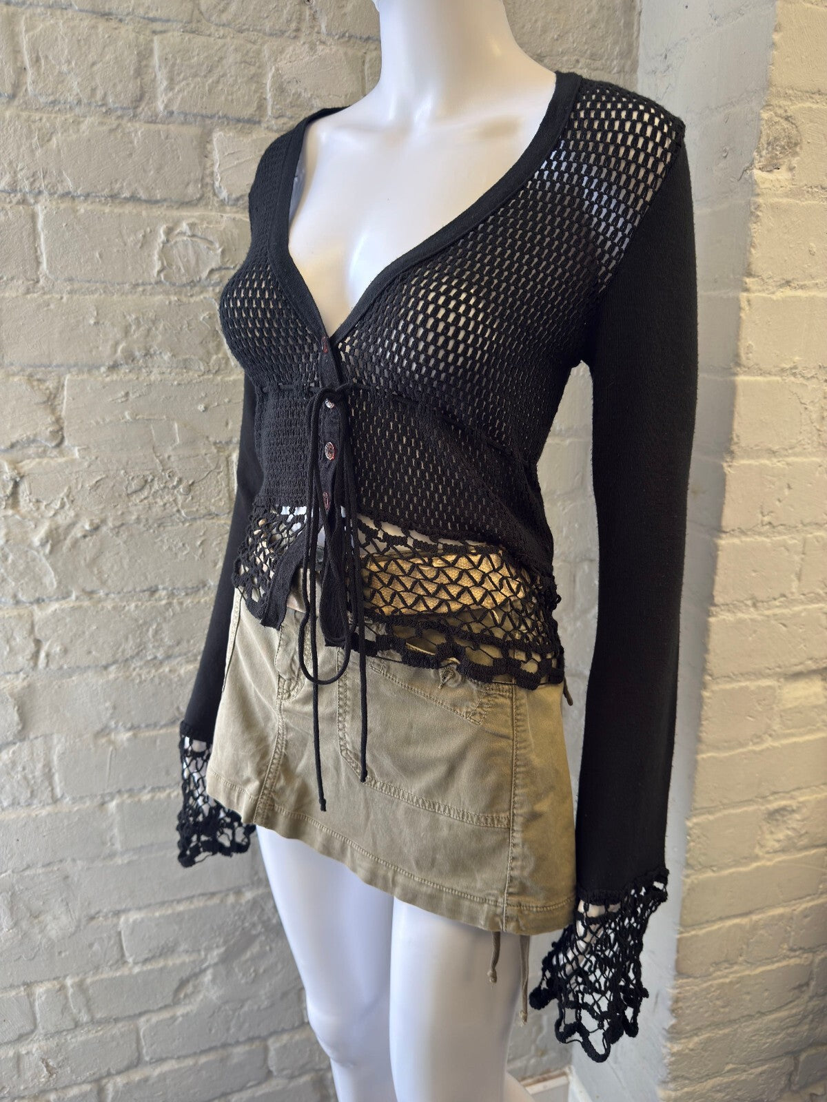 Denny Rose Black Knit Mesh Lace Trim Cardigan
