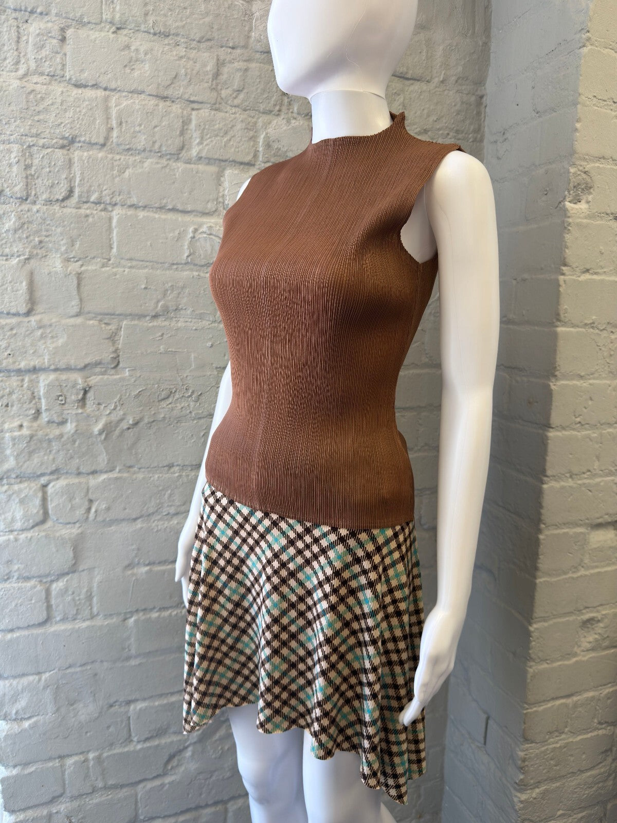 Pleated Brown Ribbed Top with High Neck