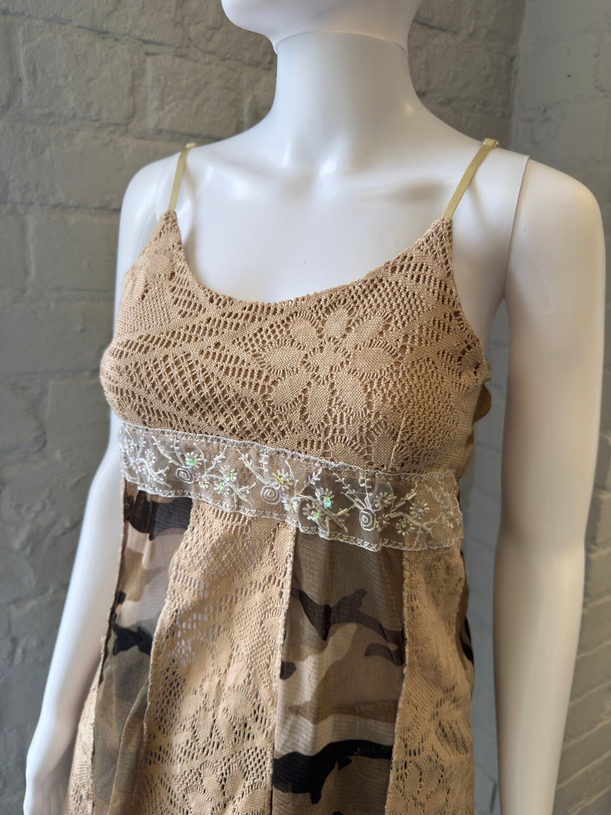 Beige Lace and Camouflage Pattern Spaghetti Strap Top