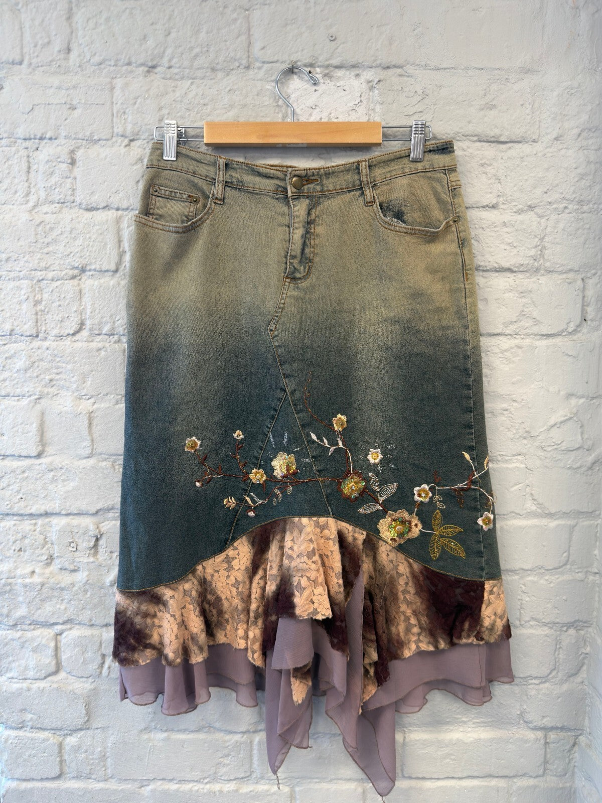 Fairy Embroidered Denim Skirt with Ruffle Hem
