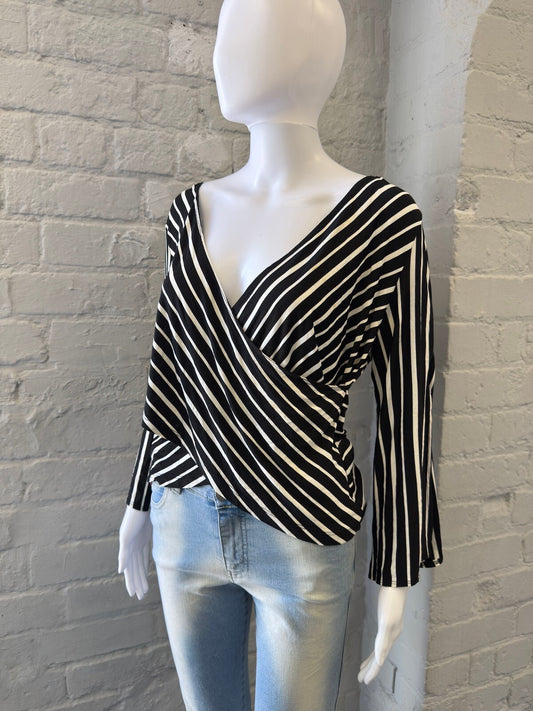 Black and White Striped Wrap Top