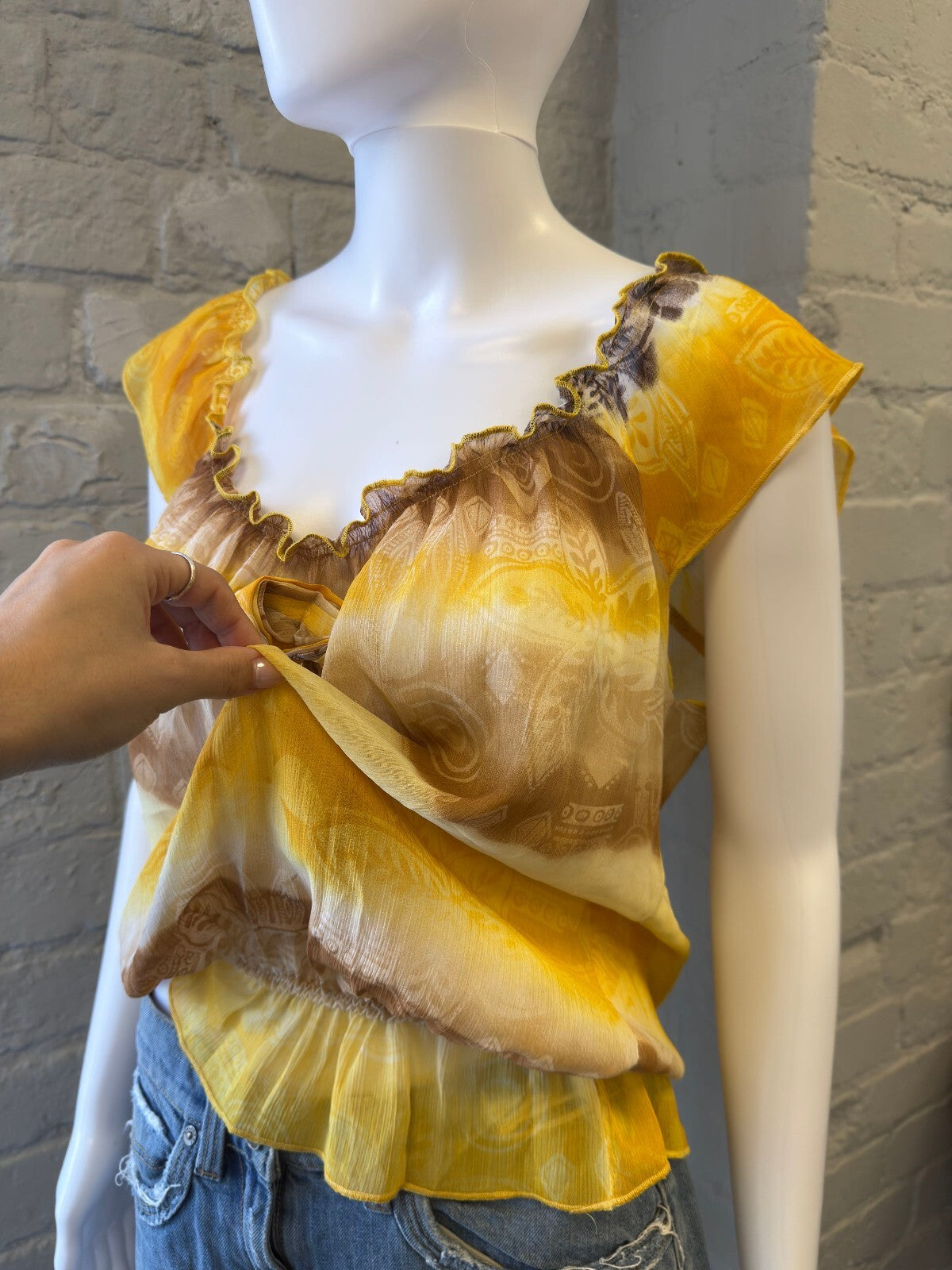 Yellow and Brown Patterned Cap Sleeve Blouse