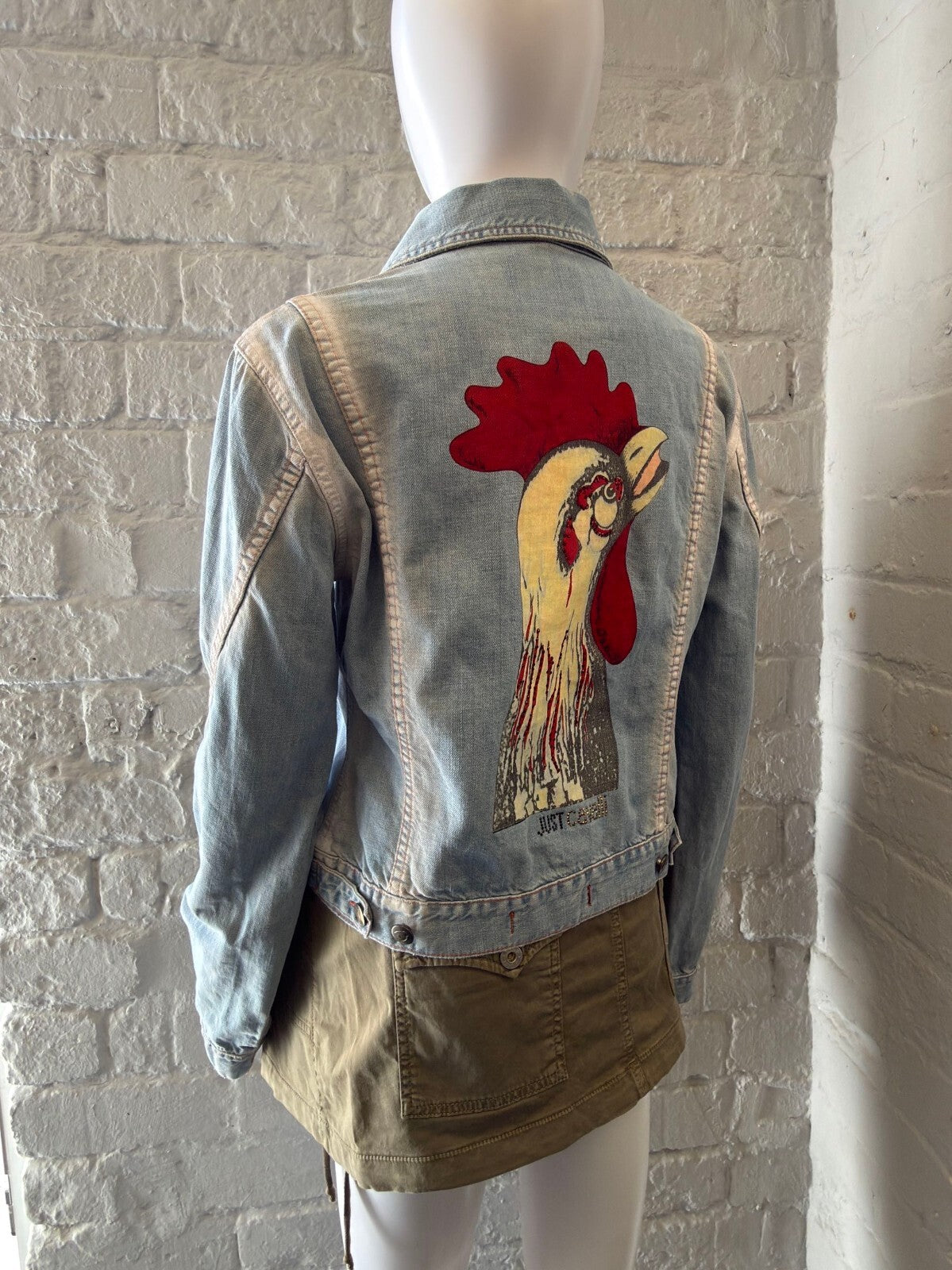 Just Cavalli Light Blue Denim Jacket with Rooster Print Back