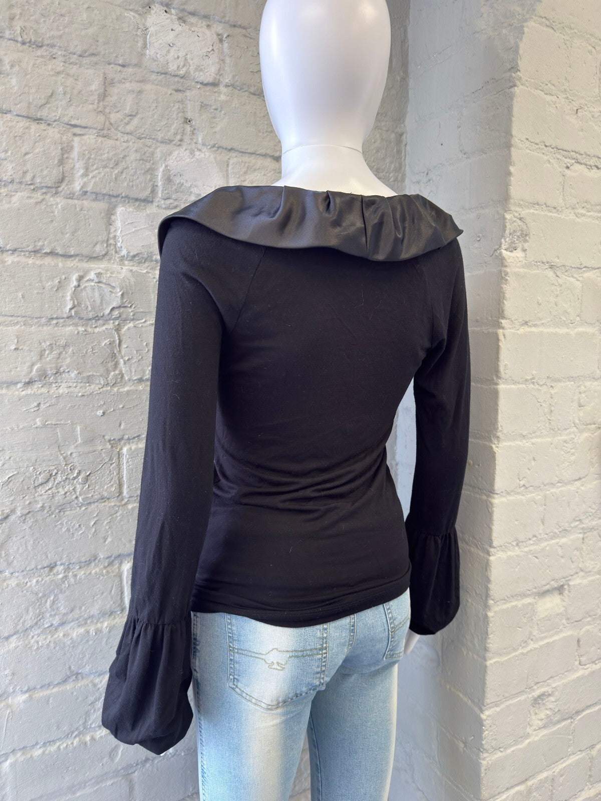 Denny Rose Black Long Sleeve Top with Satin Bow Collar