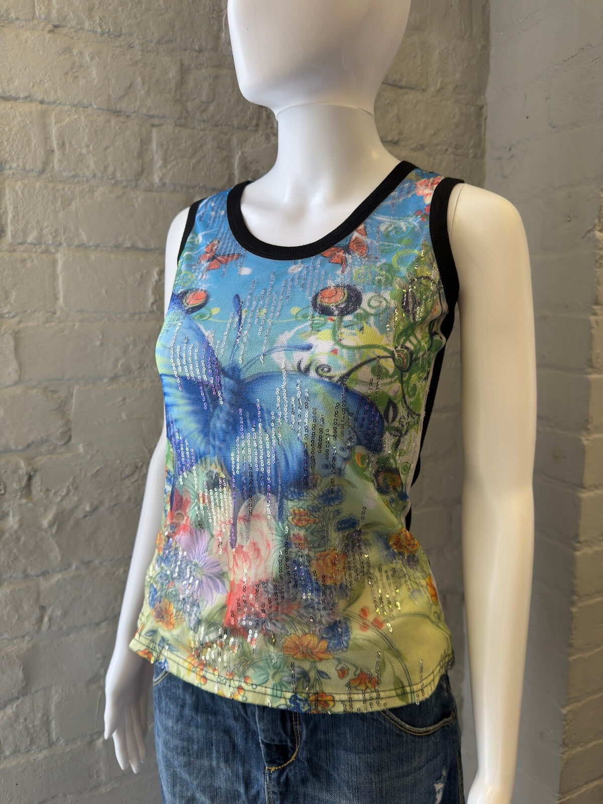 Butterfly Print Tank Top with Embellishments