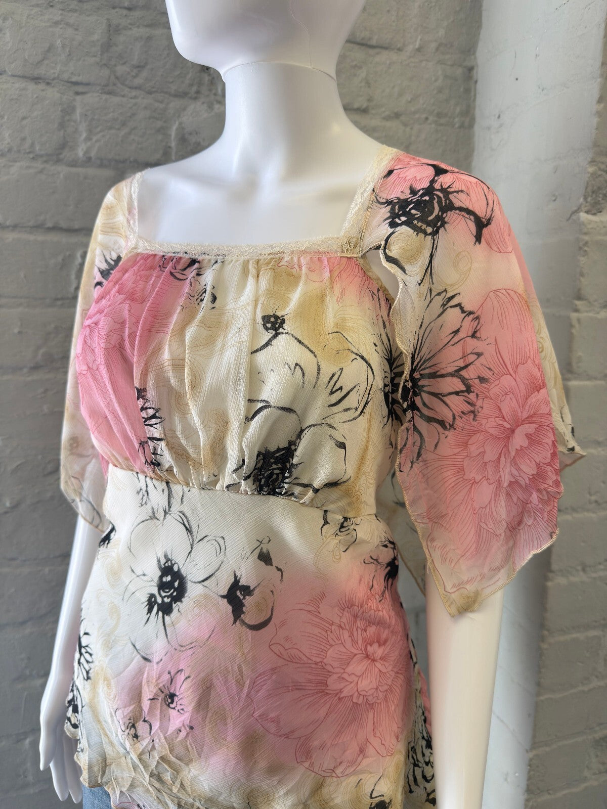 Floral Sheer Blouse with Tie Back in Pink and Cream