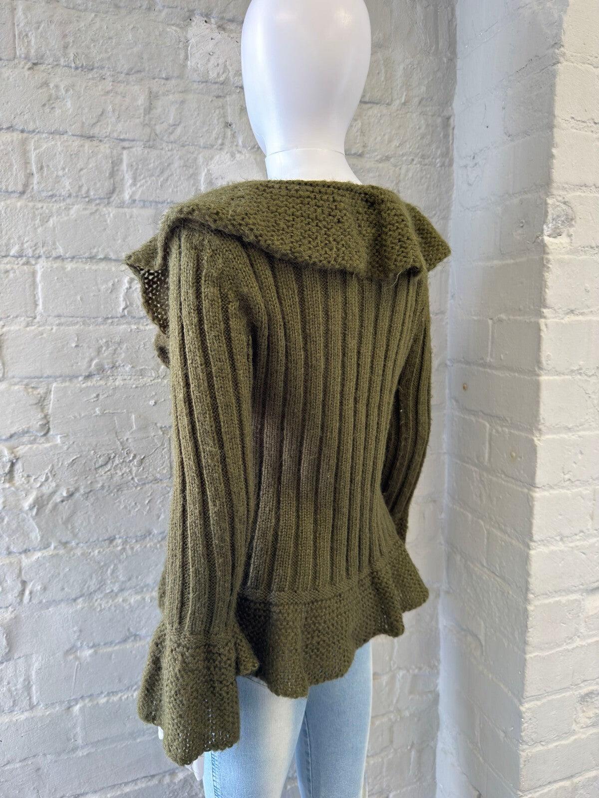 Olive Green Knit Cardigan with Ruffle Detail and Ribbon Tie