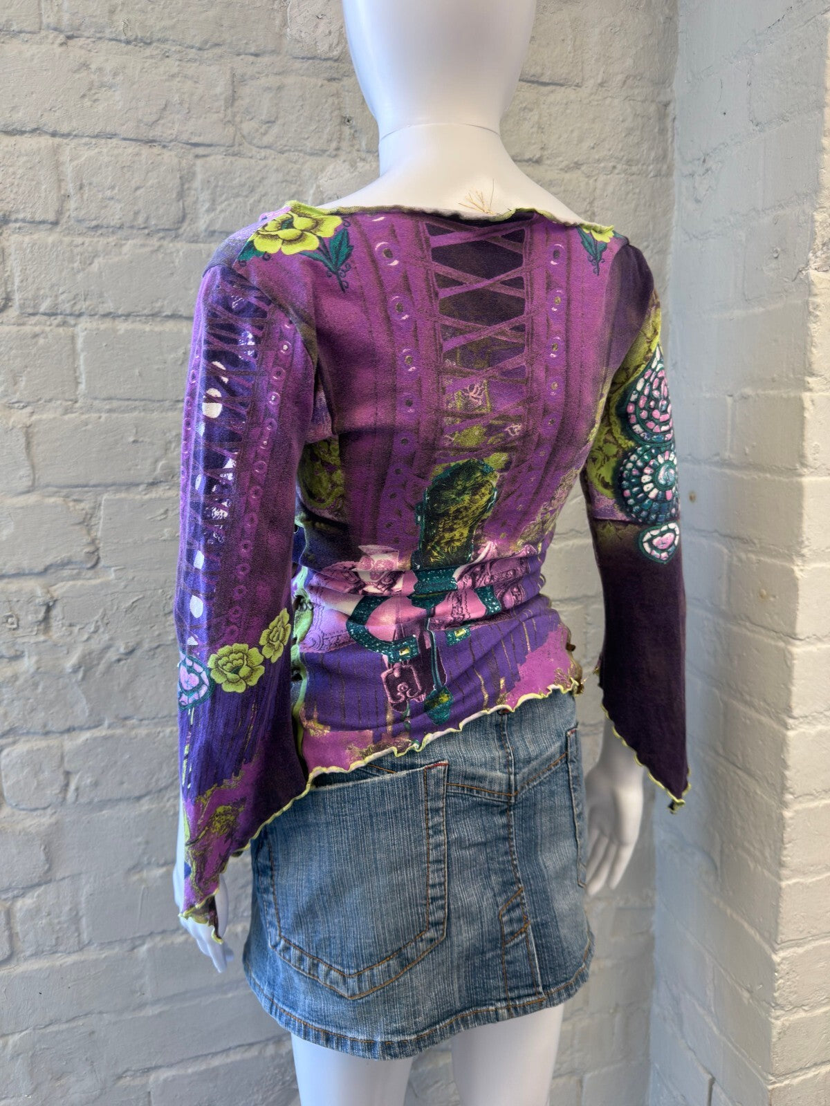 Purple and Green Patterned Top with Lace-Up Detail