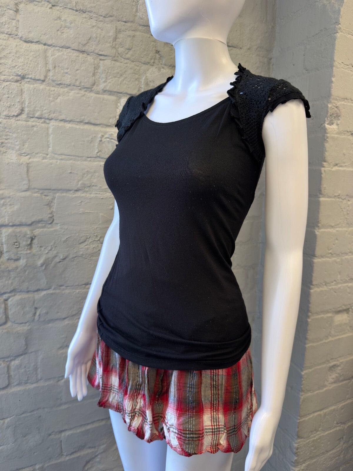 Black Crochet Shoulder Detail Fitted Top