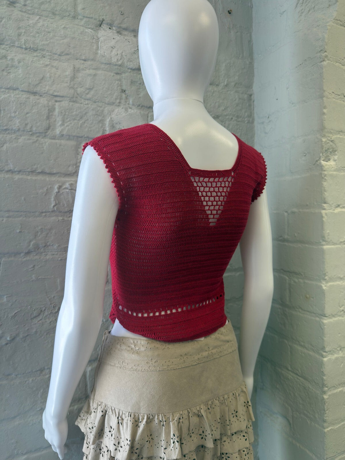 Red Crocheted Button-Up Crop Top