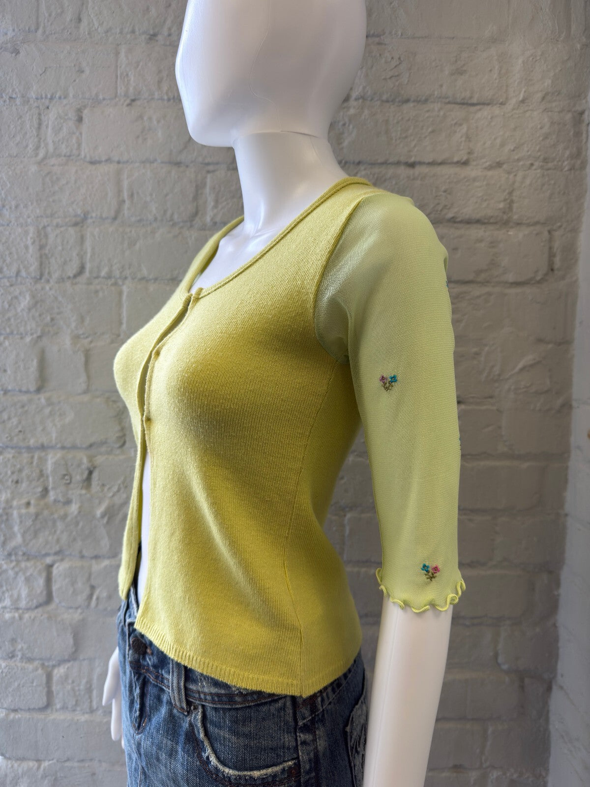 Green Knit Cardigan with Embroidered Sleeves