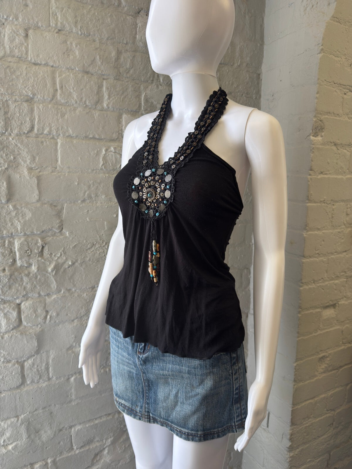2000s Black Halter Neck Beaded Top