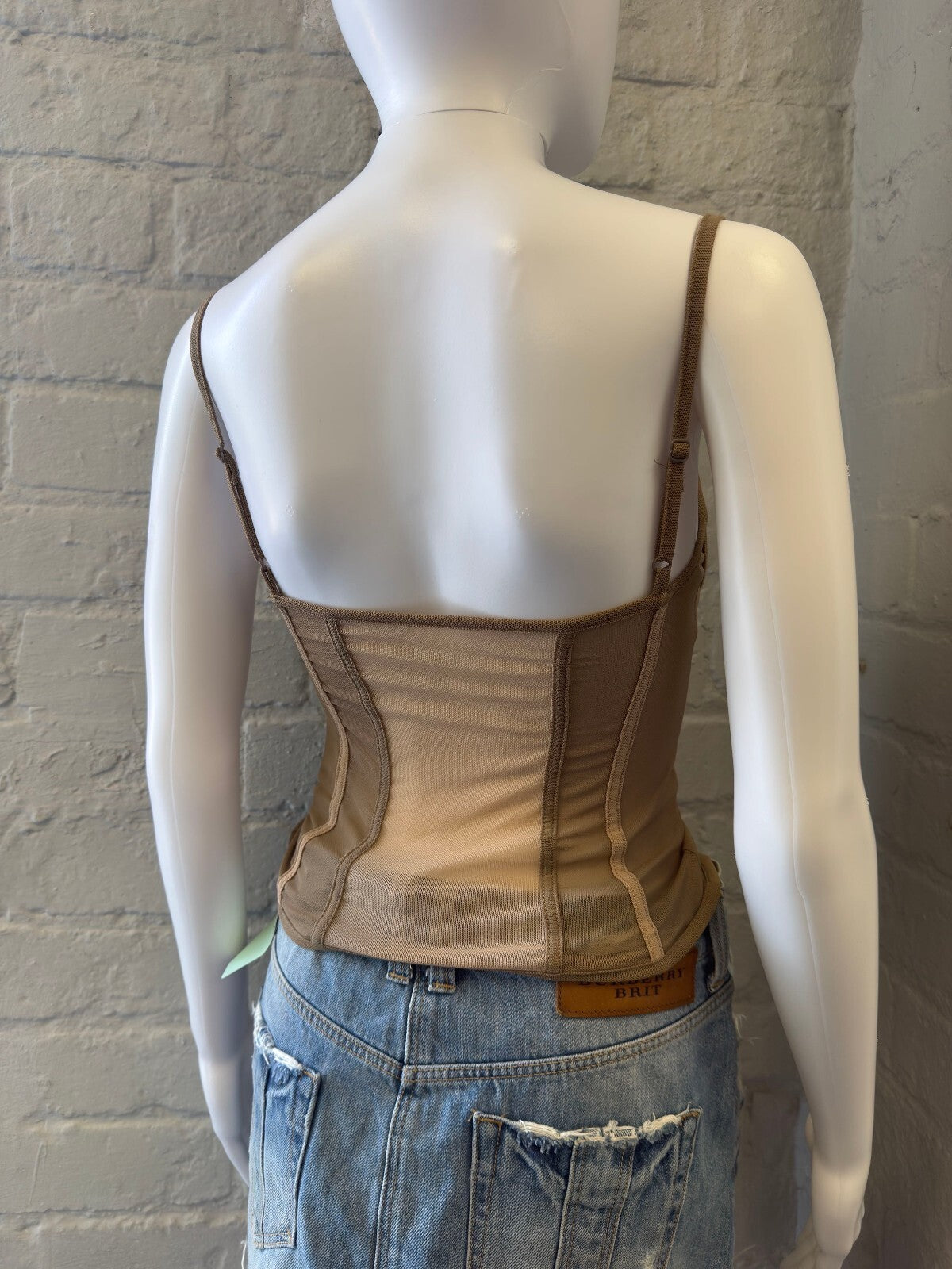 K/YN Brown Sheer Mesh Corset Top with Adjustable Straps
