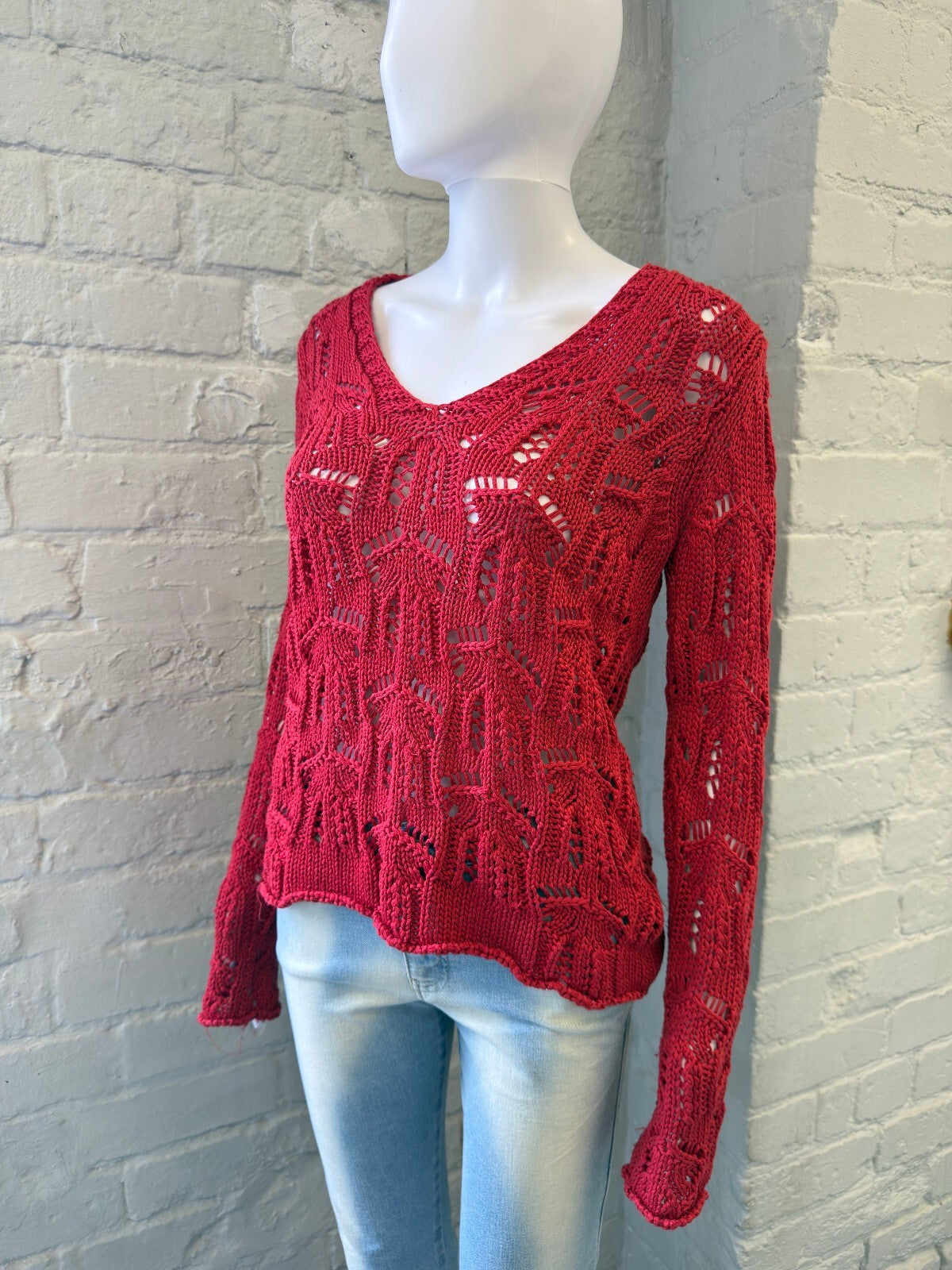Red Open Knit V-Neck Jumper